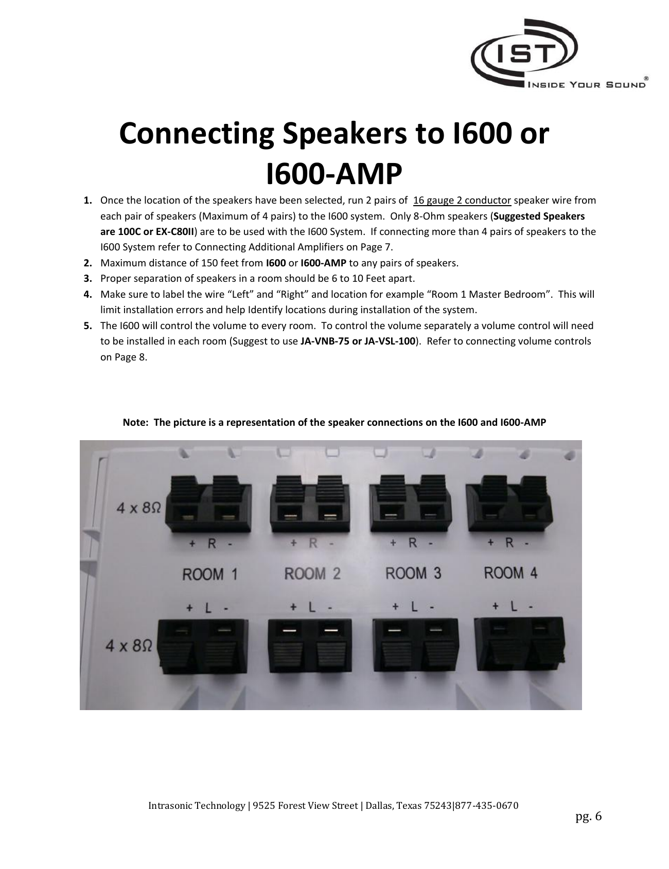 I600 speaker terminal block labeled Room 1 through Room 4 with left/right polarity markings