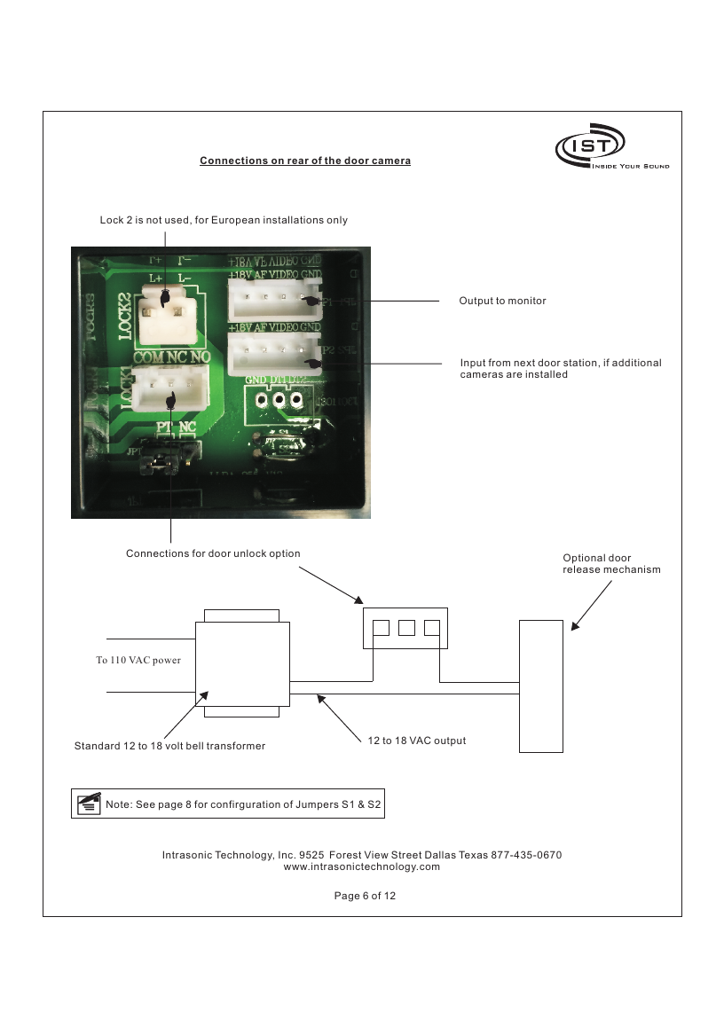 Intrasonic V304KIT door camera rear connections diagram showing output to monitor, input from next door station, door unlock terminals, and door release transformer wiring