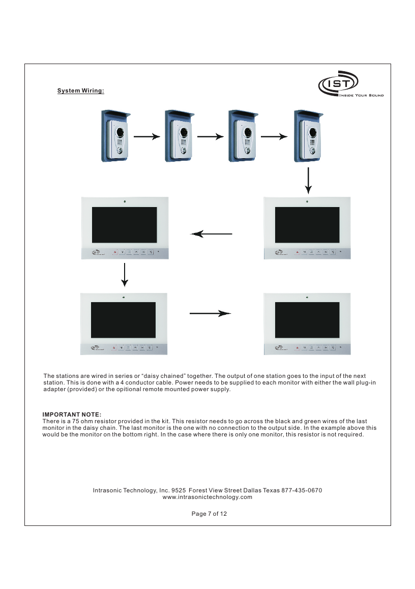 Intrasonic V304KIT system wiring diagram showing door stations and room monitors daisy-chained in series