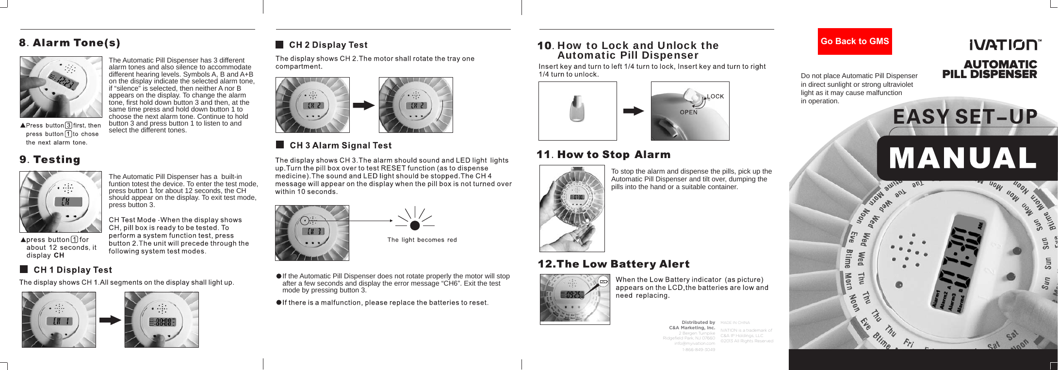 Ivation Automatic Pill Dispenser setup steps 8-12: selecting alarm tone, testing the device, lock/unlock, stopping the alarm, and low battery alert
