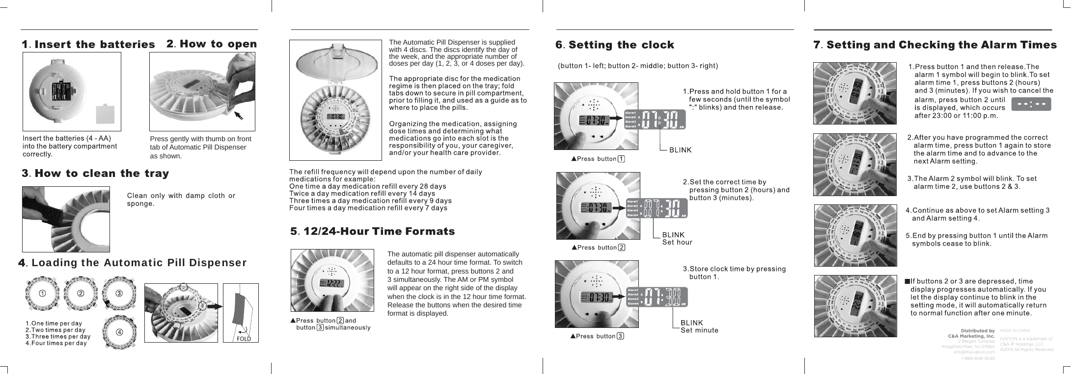 Ivation Automatic Pill Dispenser setup steps 1-7: inserting batteries, opening the lid, cleaning the tray, loading dosing discs, setting 12/24-hour time format, setting the clock, and setting alarm times