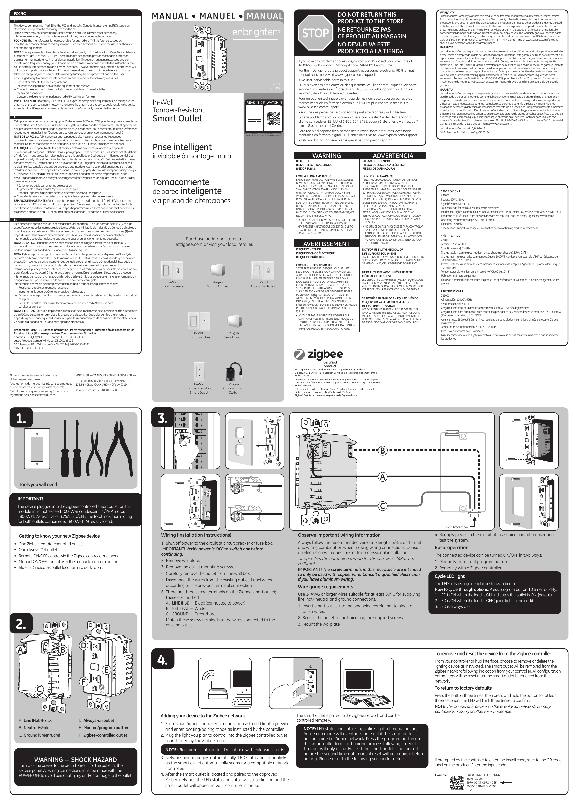 Jasco ZB1001 Zigbee smart outlet wiring diagram showing Line, Neutral, and Ground terminal connections, plus outlet component labels