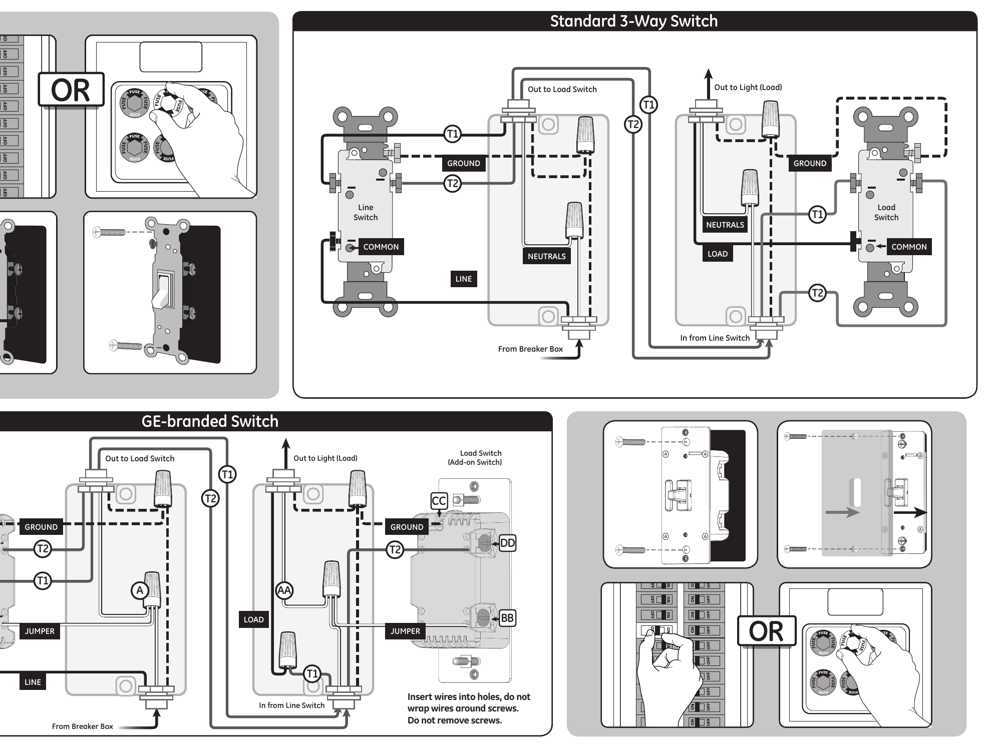 GE/Jasco Z-Wave Add-on Switch wiring diagram showing standard 3-way switch layout and GE-branded primary/add-on switch terminal connections
