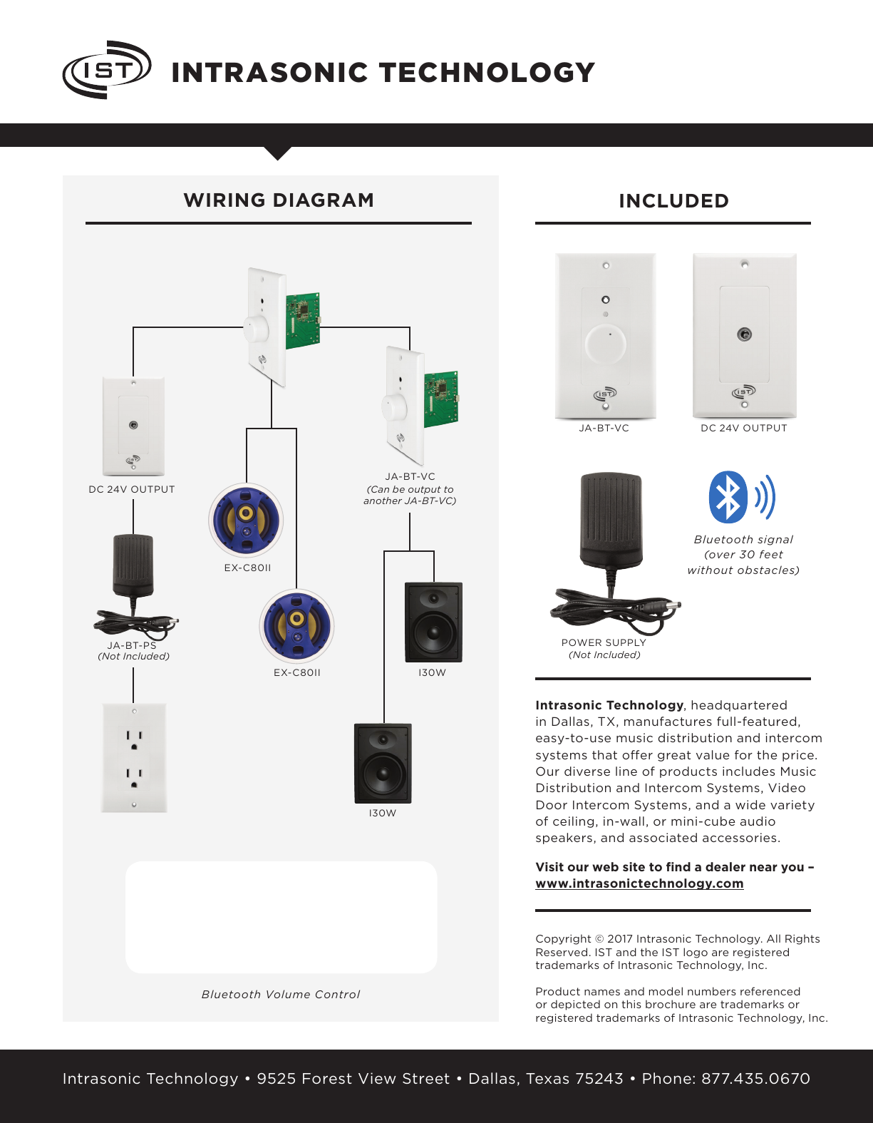 Intrasonic JA-BT-VC Bluetooth Volume Control wiring diagram showing daisy-chained units, power supply, and speaker connections