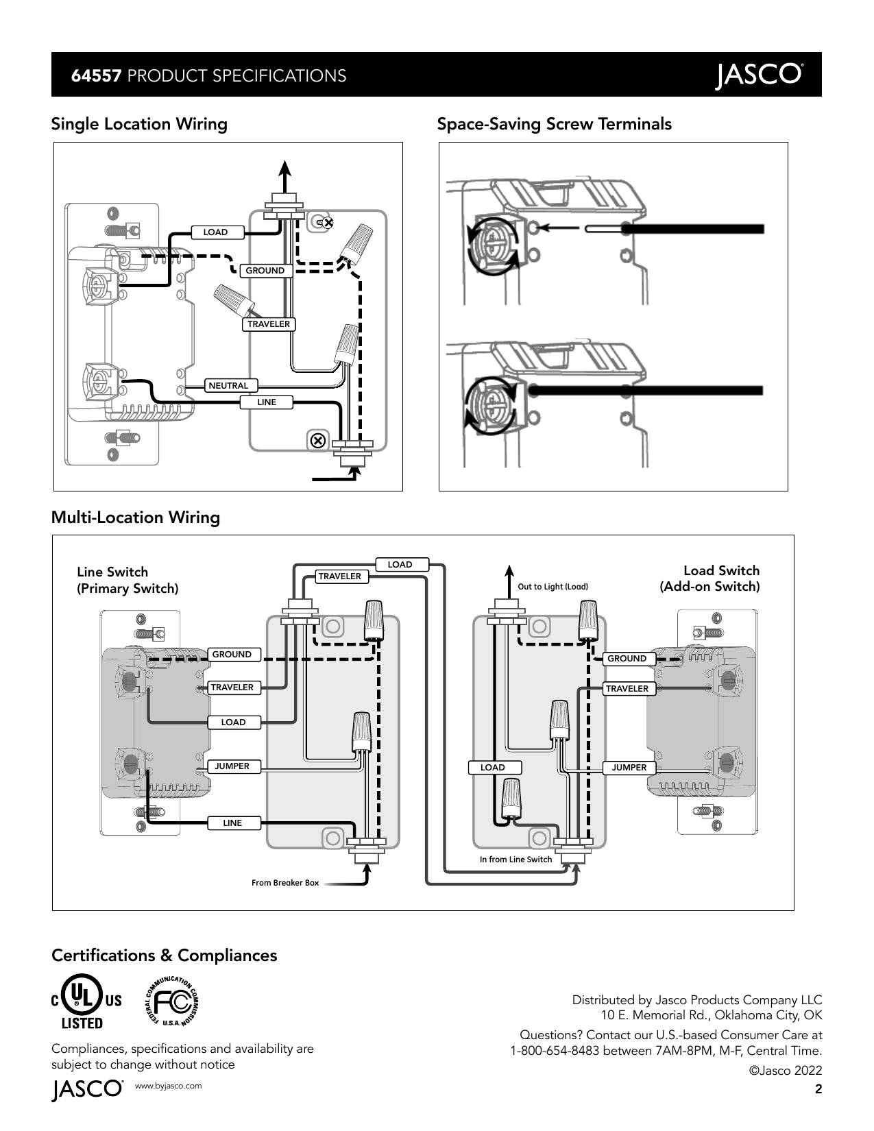 Jasco 64557 dimmer wiring diagram — single location and multi-location (3-way) wiring with screw terminal detail