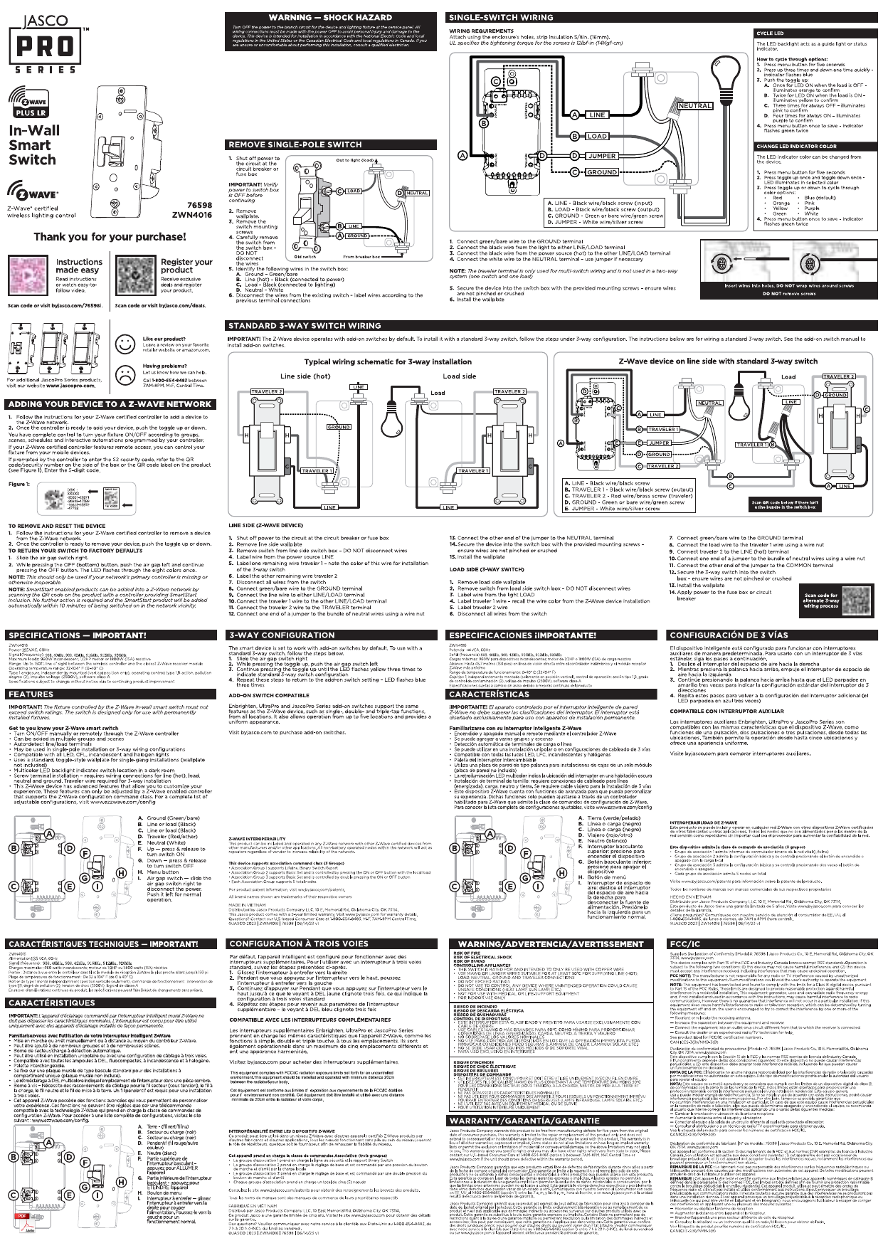 Jasco 76598 ZWN4016 in-wall smart toggle switch — single-switch wiring diagram, LED indicator chart, and standard 3-way wiring schematic