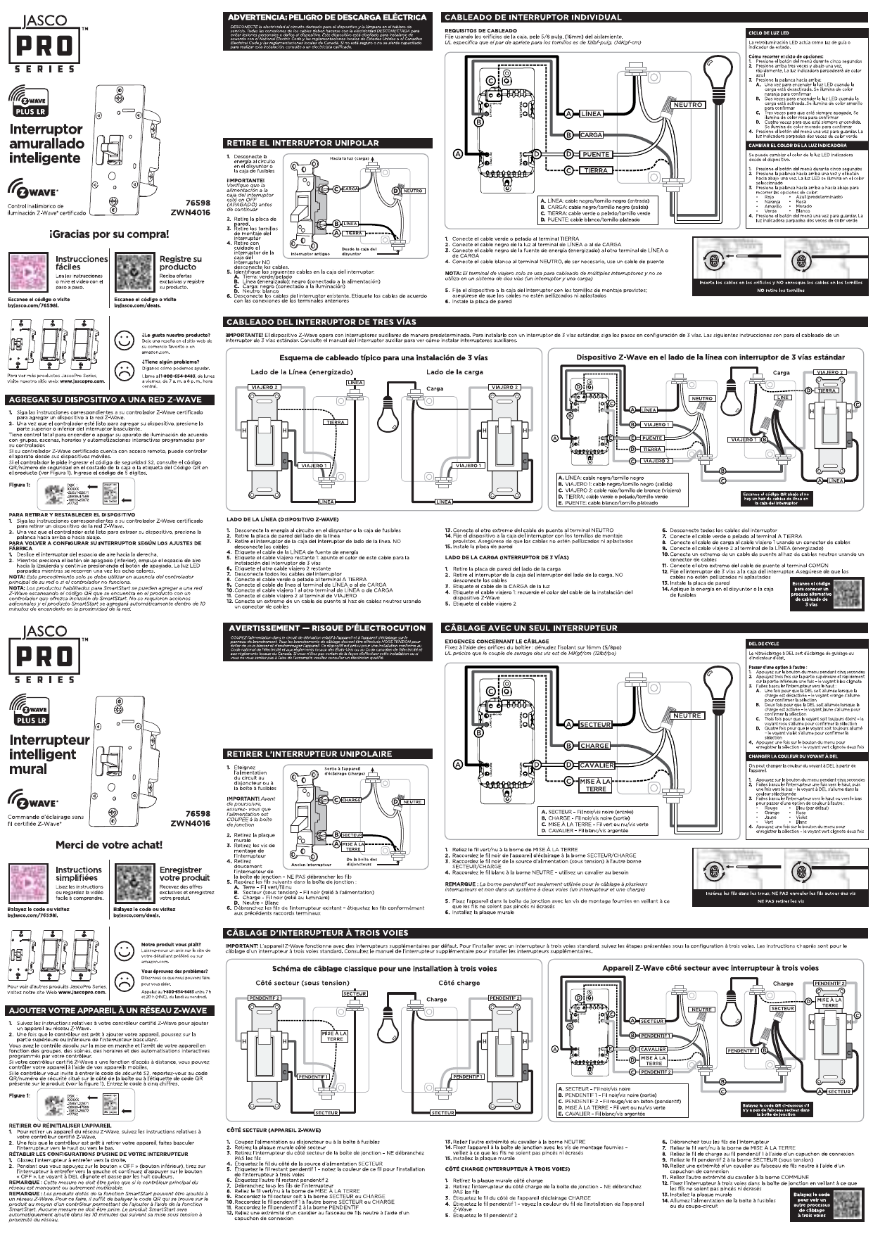 Jasco 76598 ZWN4016 in-wall smart toggle switch — Spanish and French wiring diagrams