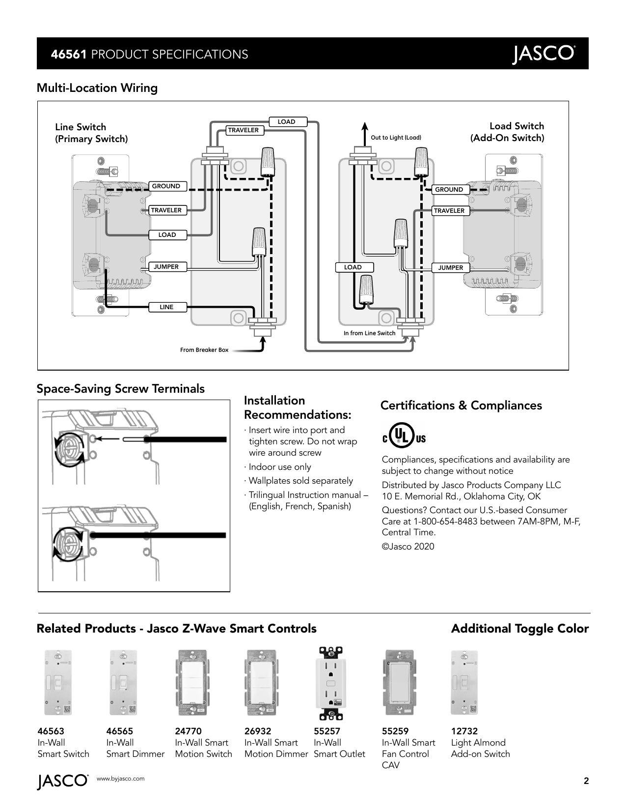 Multi-location wiring diagram showing Line Switch (Primary) and Load Switch (Add-On) with Ground, Traveler, Load, Jumper, and Line terminal connections