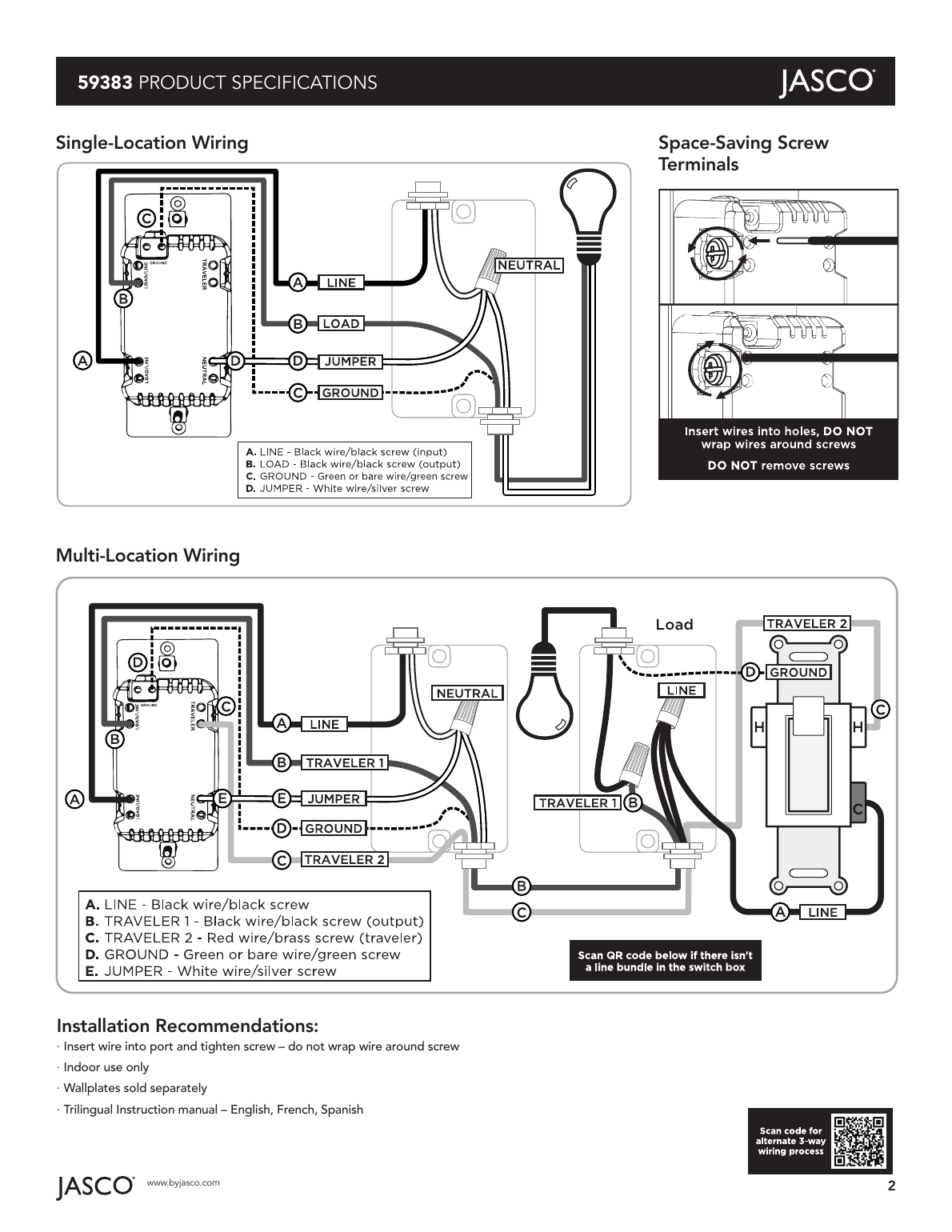 JascoPro 59383 single-location and multi-location (3-way) wiring diagrams, plus screw terminal detail