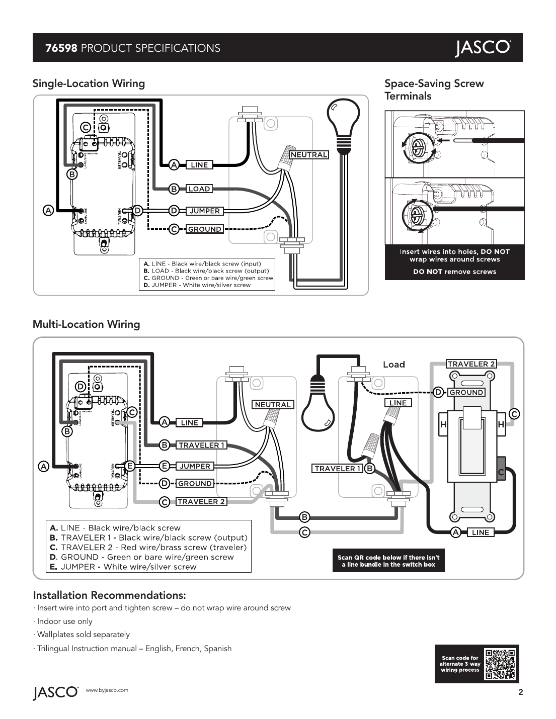 Single-location and multi-location wiring diagram for the JascoPro 76598 toggle switch, showing LINE, LOAD, GROUND, JUMPER, and traveler terminal connections