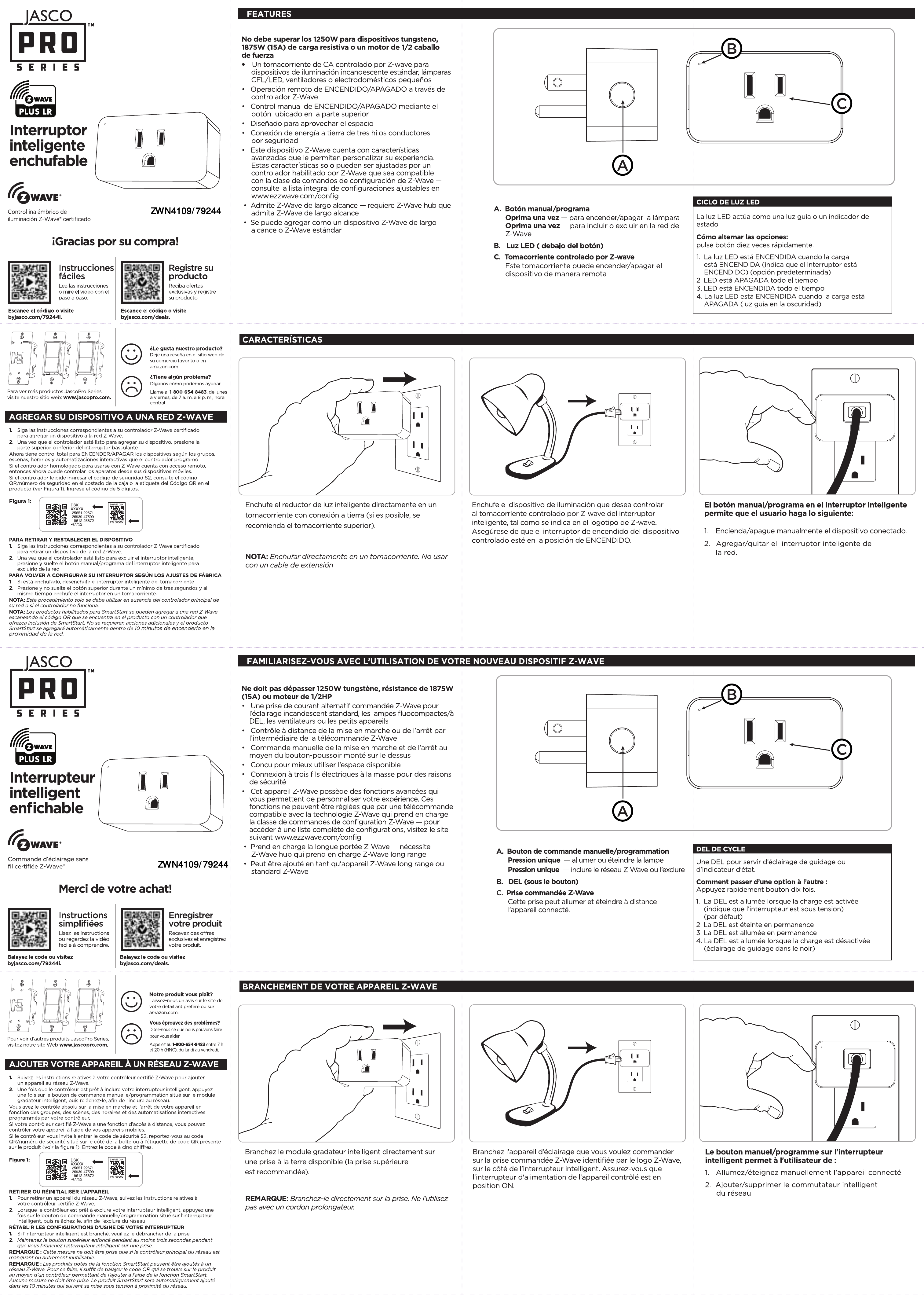 Jasco Pro Series smart plug — labeled diagram of manual/program button, LED indicator, Z-Wave controlled outlet, and 3-step setup illustration