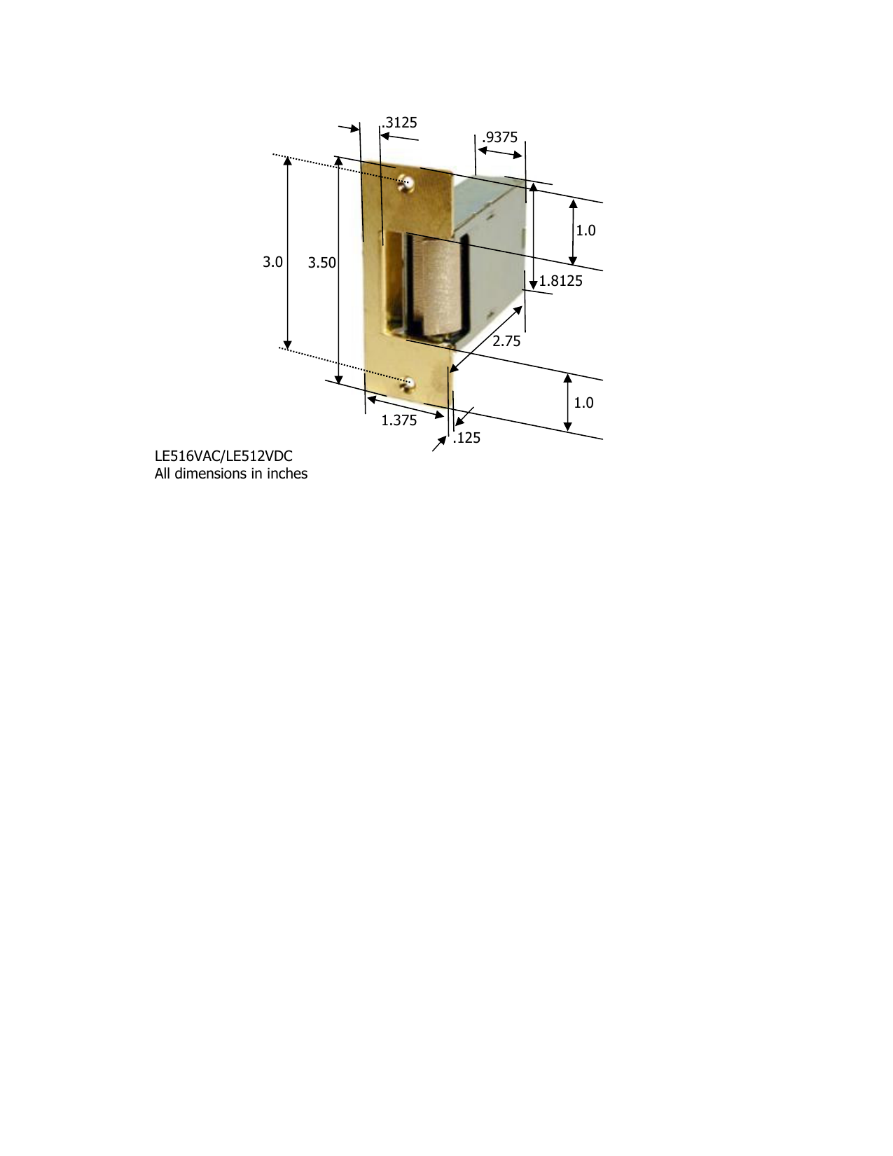 LE516VAC electric door strike dimensional drawing showing brass faceplate, mounting screw locations, and internal solenoid coil dimensions