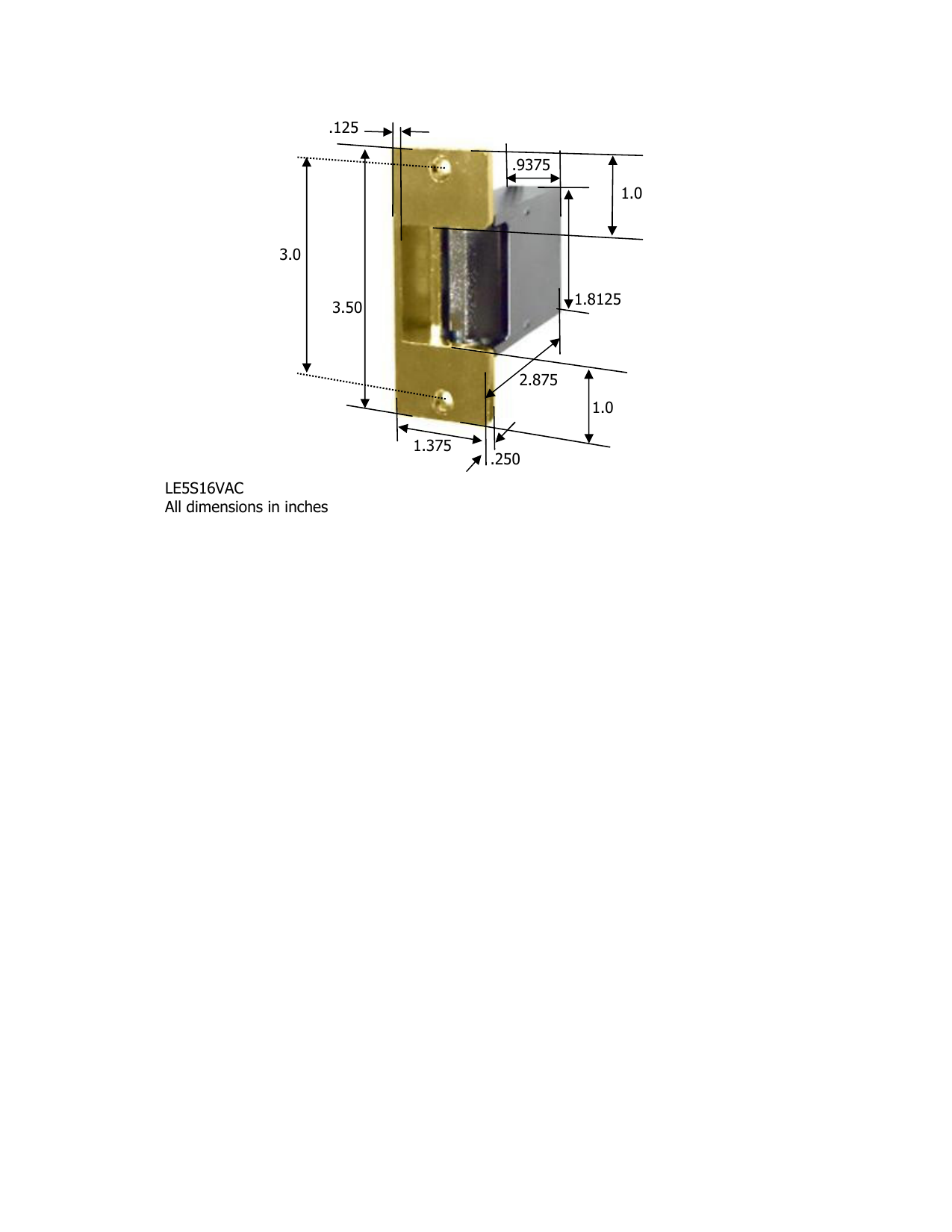 LE5S16VAC electric door strike dimensional drawing showing gold faceplate, mounting hole locations, and internal solenoid coil dimensions