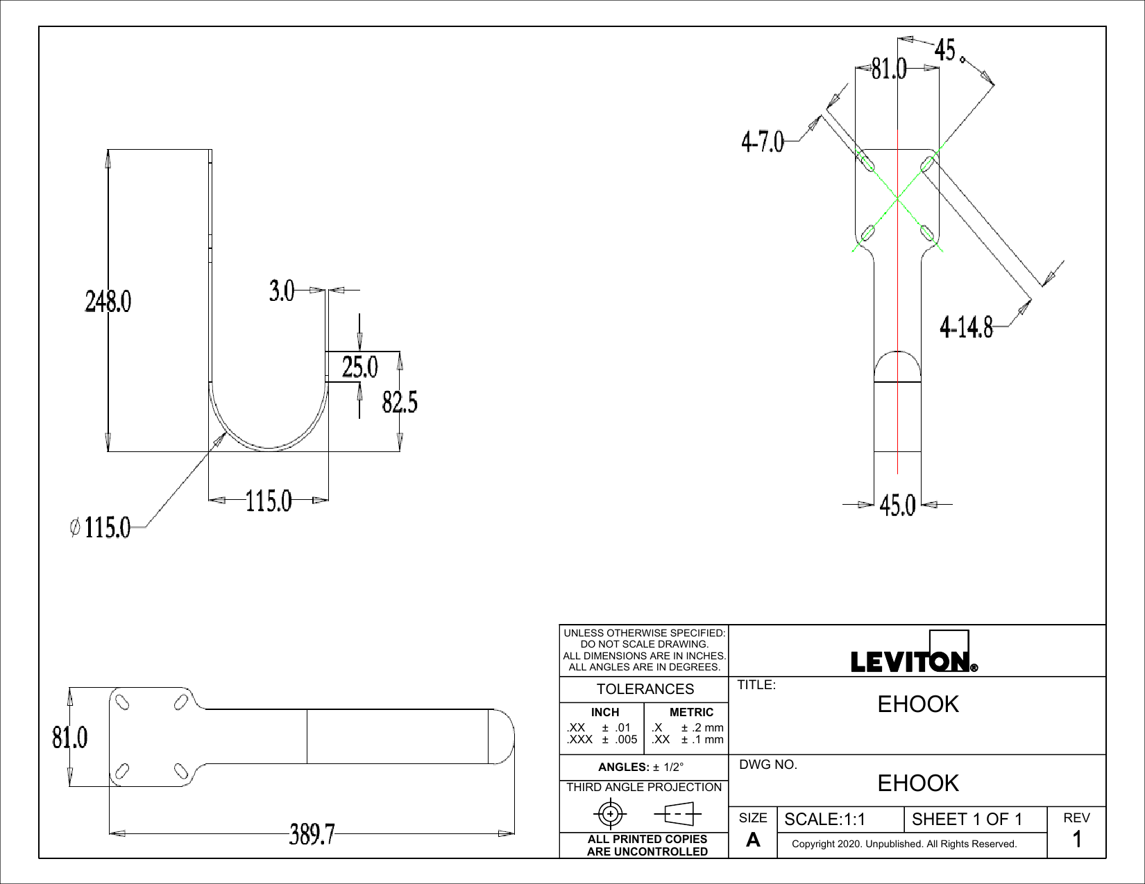 Leviton EHOOK dimensional drawing
