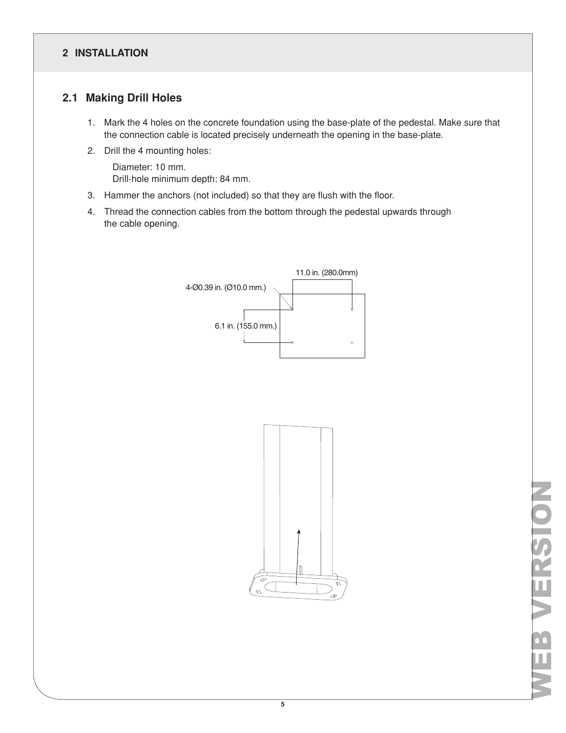 Leviton EPCMx-OF3 pedestal drill hole dimensions and cable routing diagram