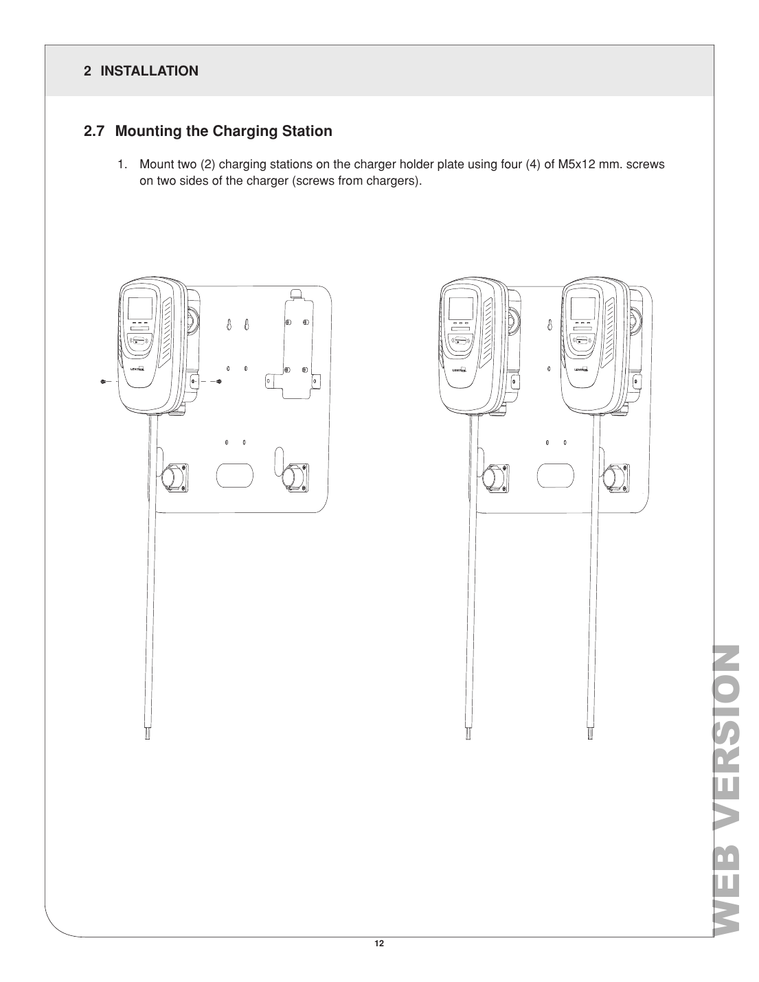 Leviton EPCMx-OF3 charging station mounting diagram, showing two chargers side by side