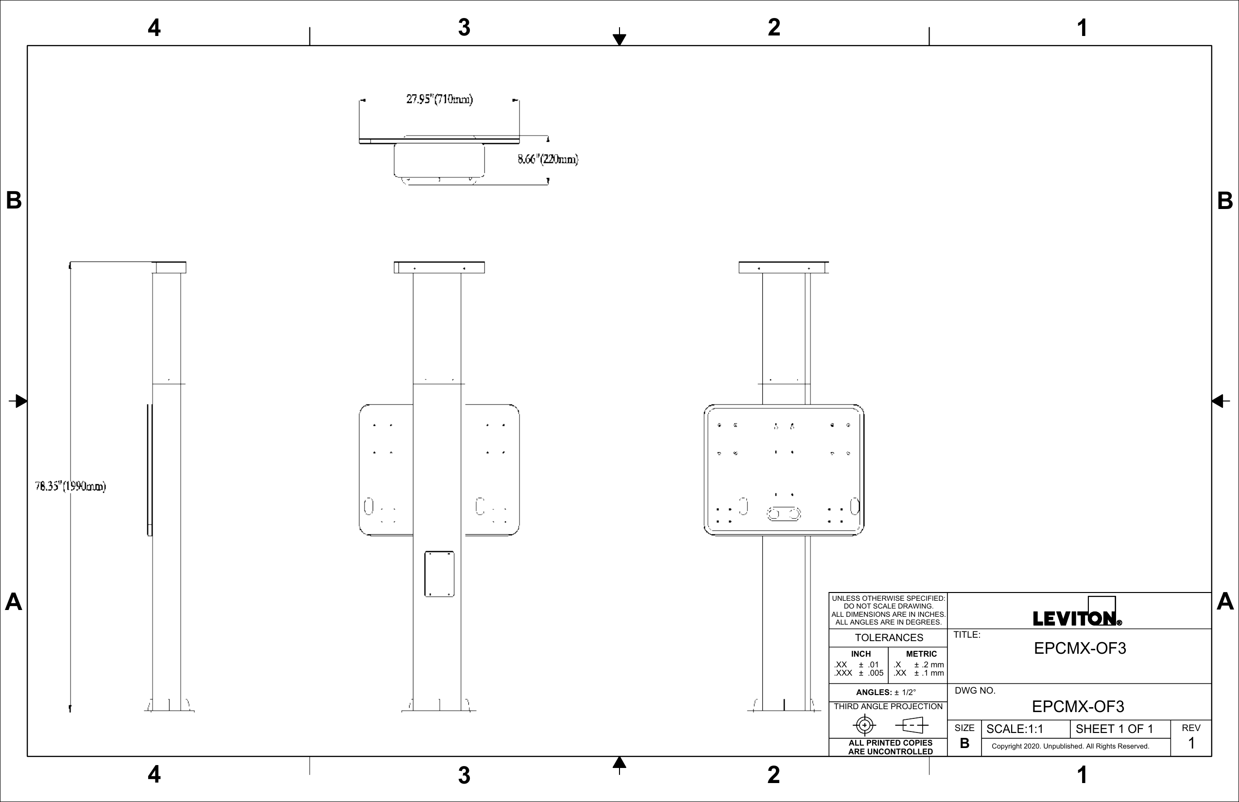 Leviton EPCMX-OF3 side-by-side dual mount pedestal dimensional engineering drawing with top, side, and front views