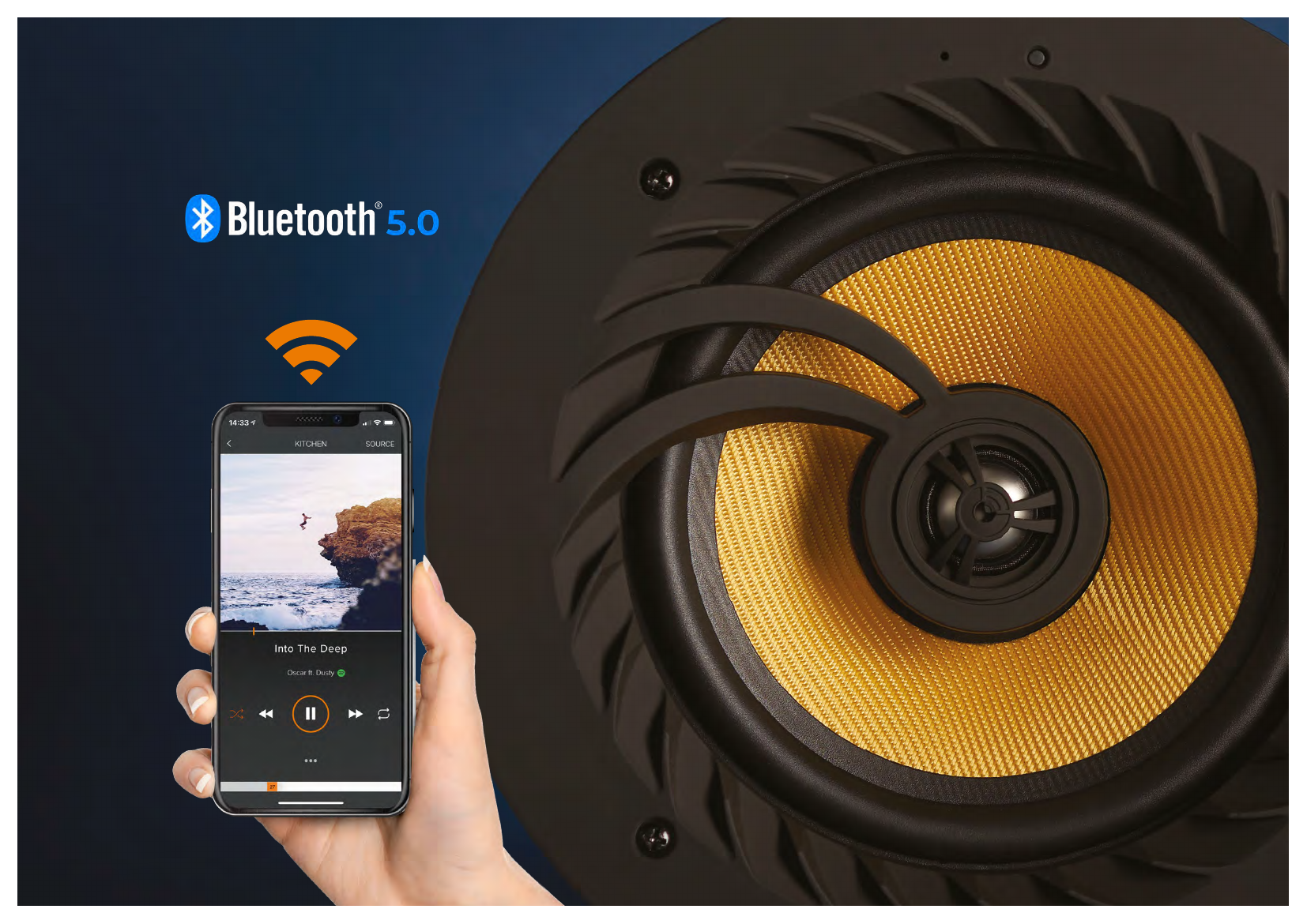 Lithe Audio Bluetooth ceiling speaker close-up with app screenshot showing zone playback and track controls