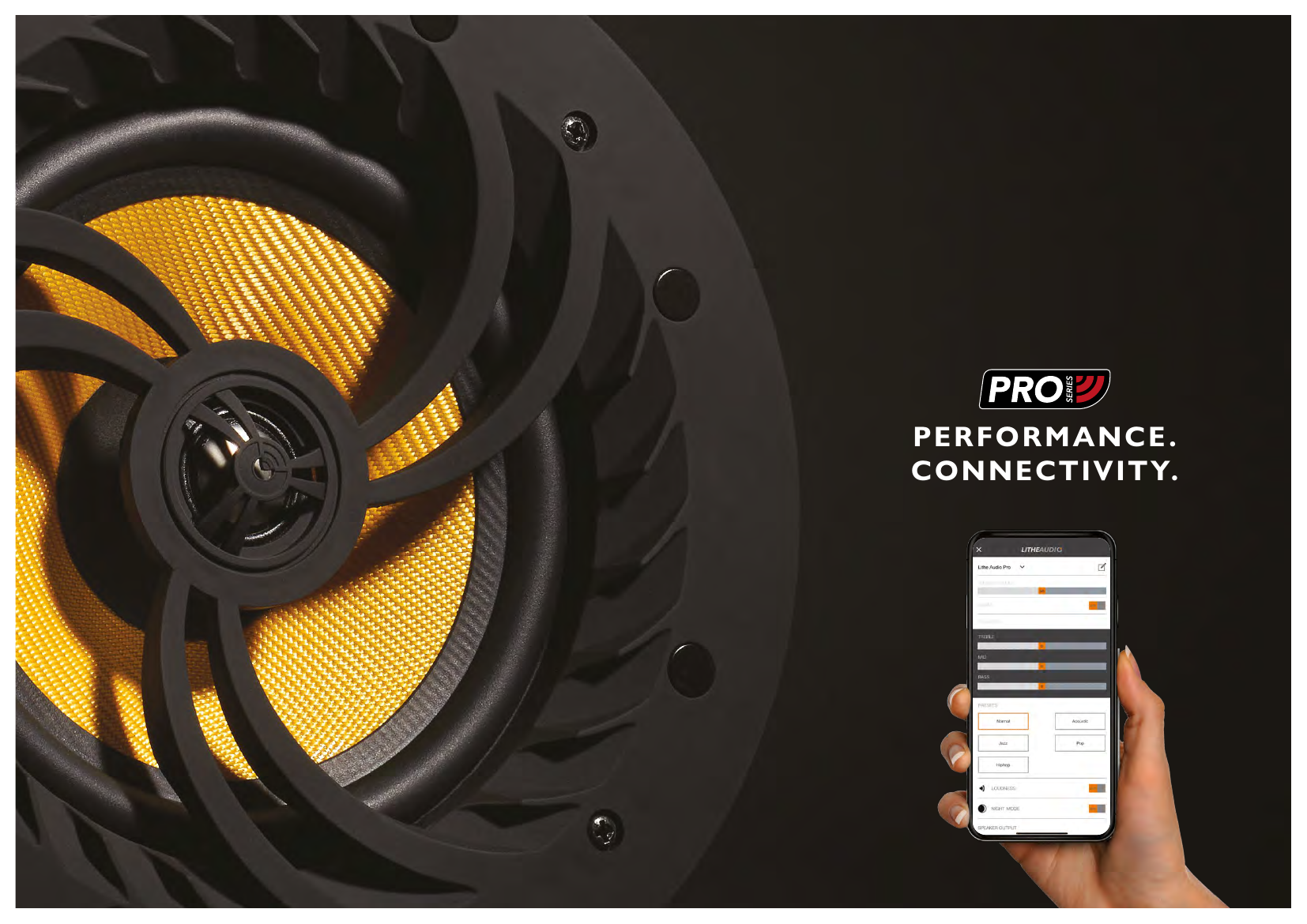 Lithe Audio Pro Series ceiling speaker close-up with app-based DSP control screenshot showing Treble, Mid, Bass sliders and EQ presets