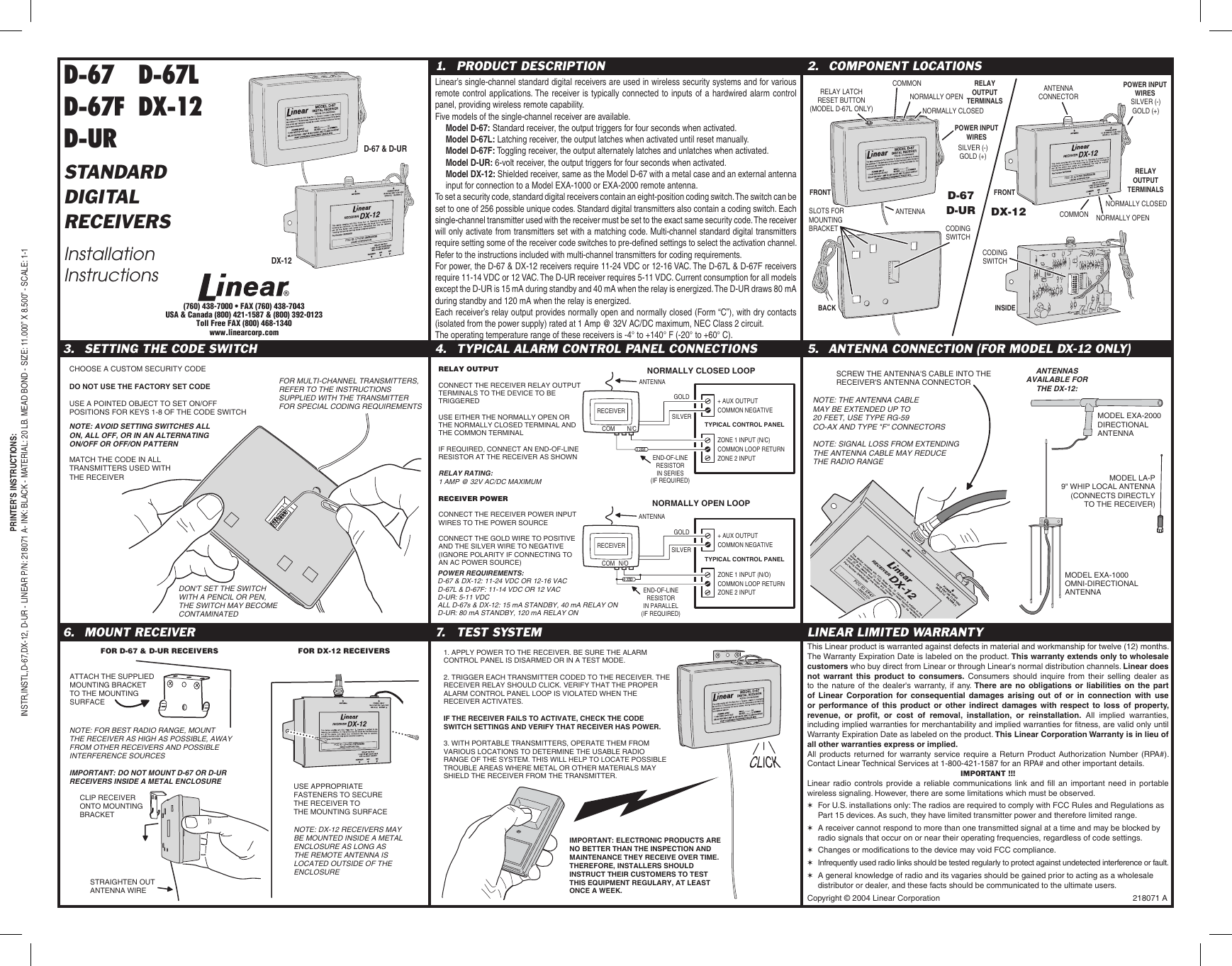 Linear D-67, D-67L, D-67F, D-UR, DX-12 receiver installation instructions — component locations, code switch setting, wiring diagrams, antenna connection, and mounting