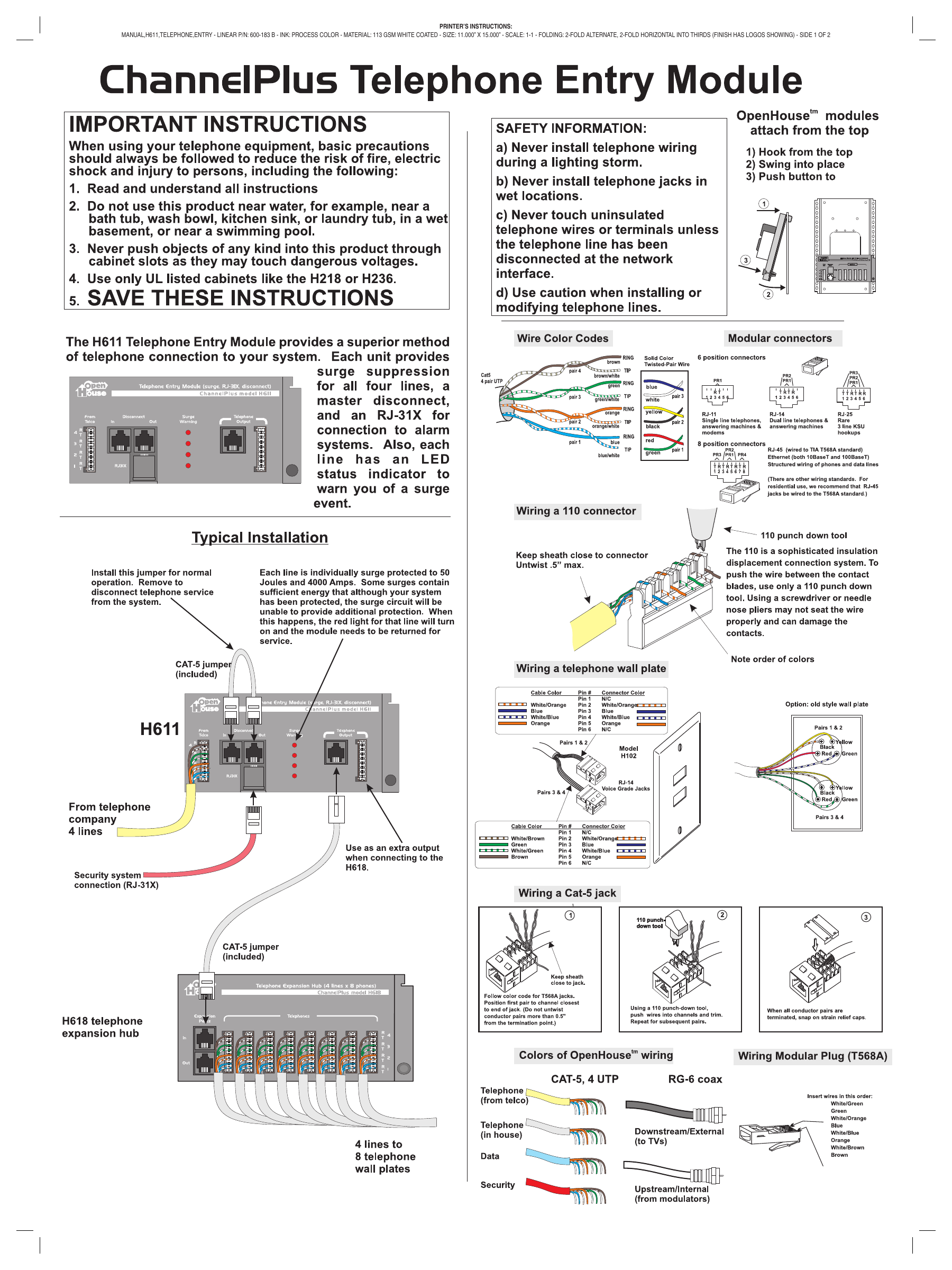 ChannelPlus H611 Telephone Entry Module wiring diagram — typical installation, wire color codes, modular connector pinouts, 110 connector and Cat-5 jack wiring