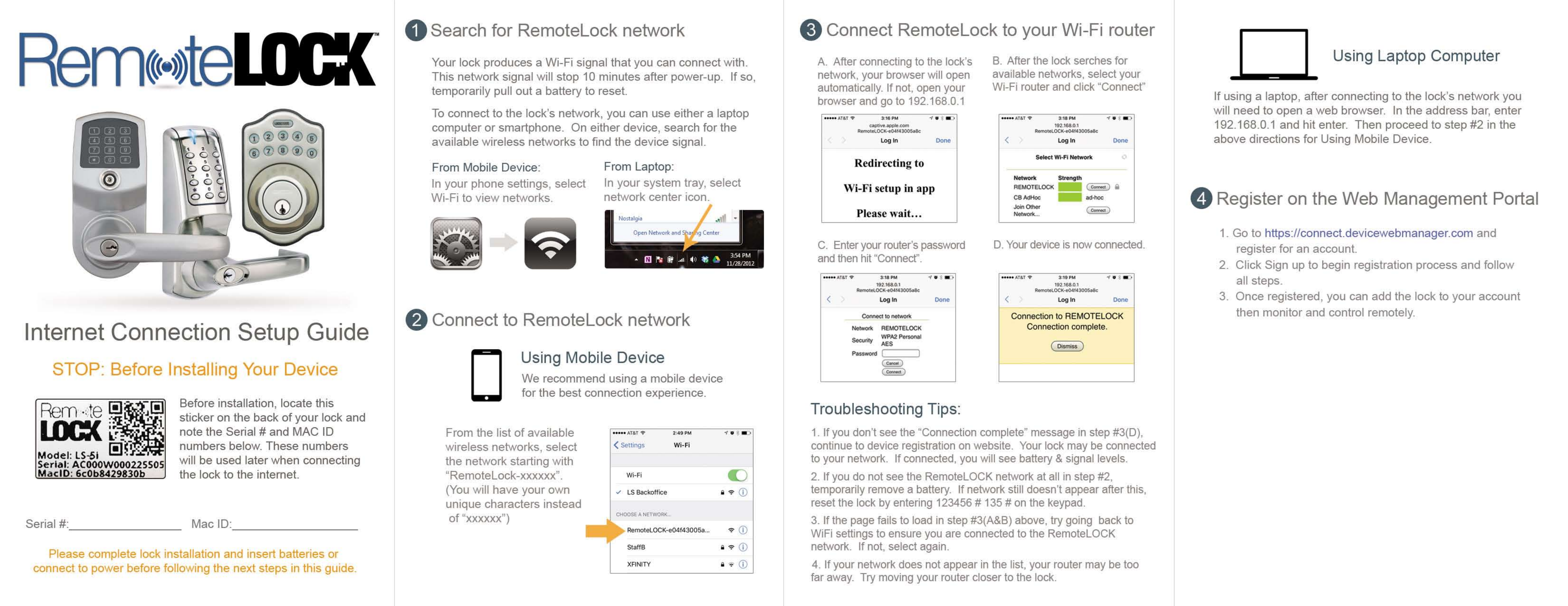 RemoteLock LS-5i Internet Connection Setup Guide — four-panel diagram showing lock preparation, finding the RemoteLock network, connecting to home Wi-Fi, and registering on the web portal