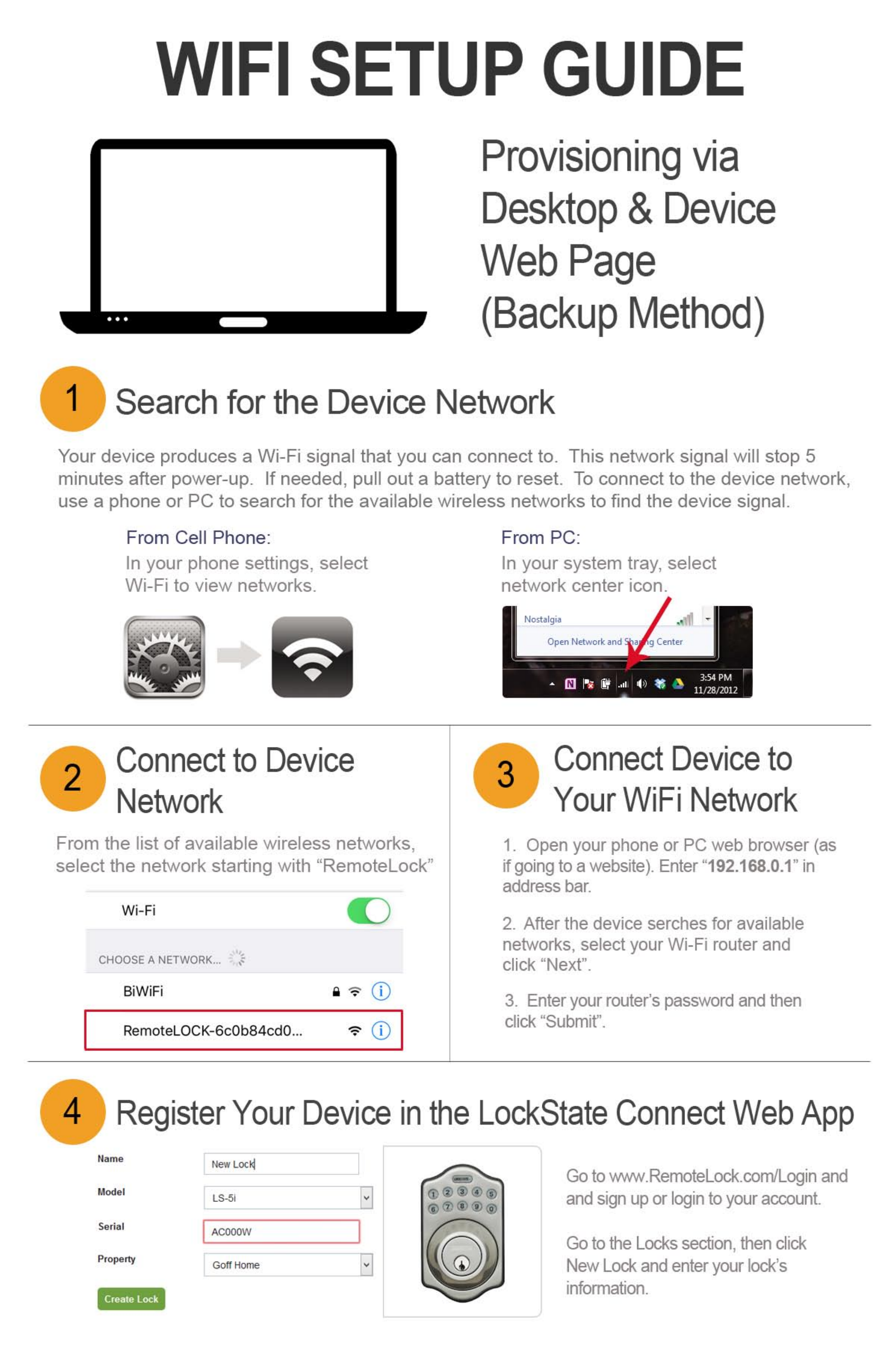 LockState LS-5i WiFi setup guide — connecting to device network and registering in RemoteLock Connect web app