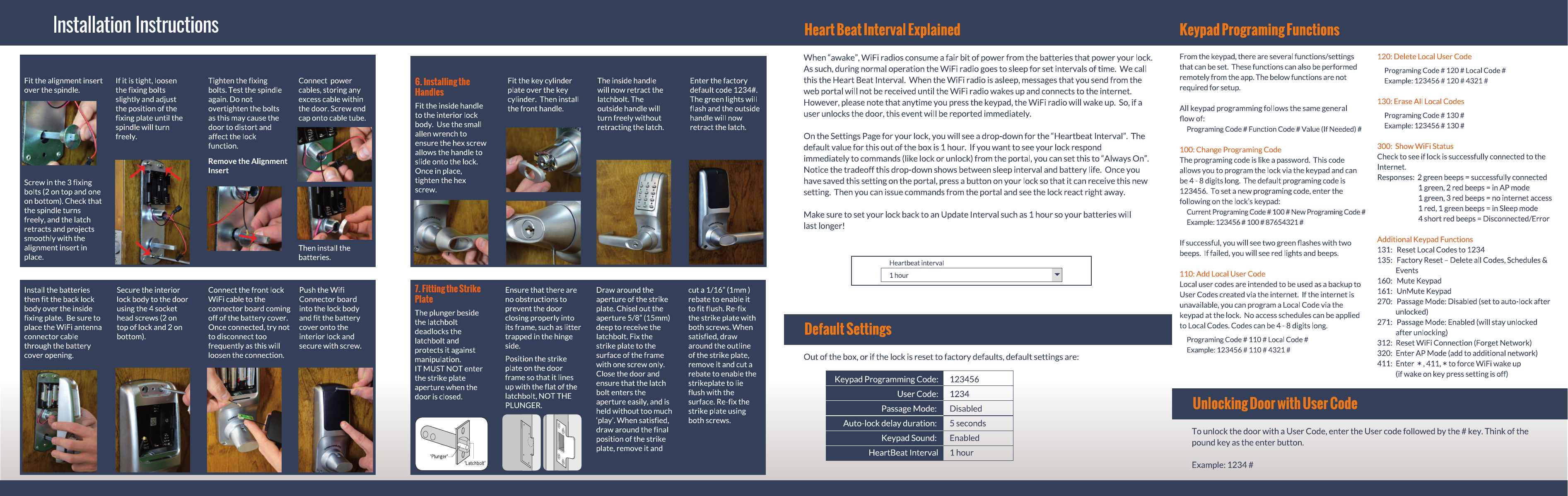 LockState RemoteLOCK 7i illustrated installation steps — template, drilling, latch install, handle installation, and strike plate fitting