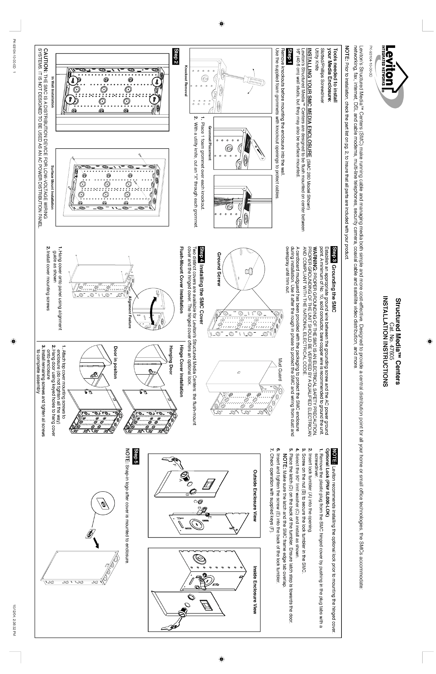Leviton Structured Media Center installation diagram — knockout removal, grommet placement, and grounding