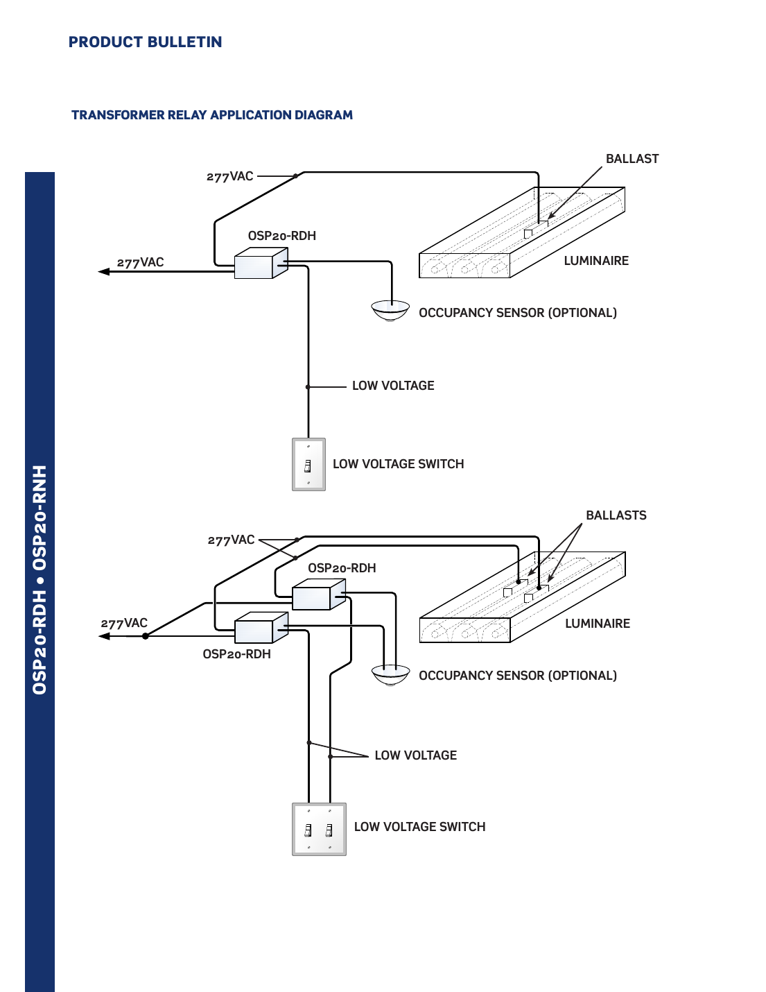Leviton OSP20-RDH transformer relay wiring diagram showing single and dual ballast configurations