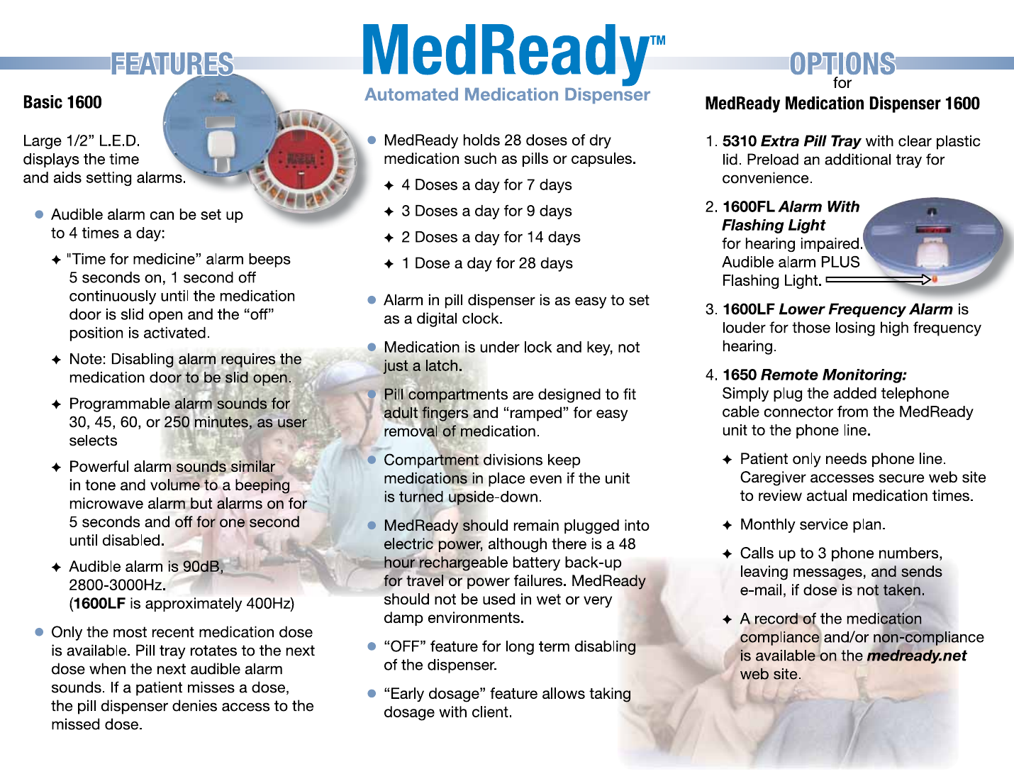 MedReady options: extra pill tray, flashing light alarm, low-frequency alarm, and remote monitoring