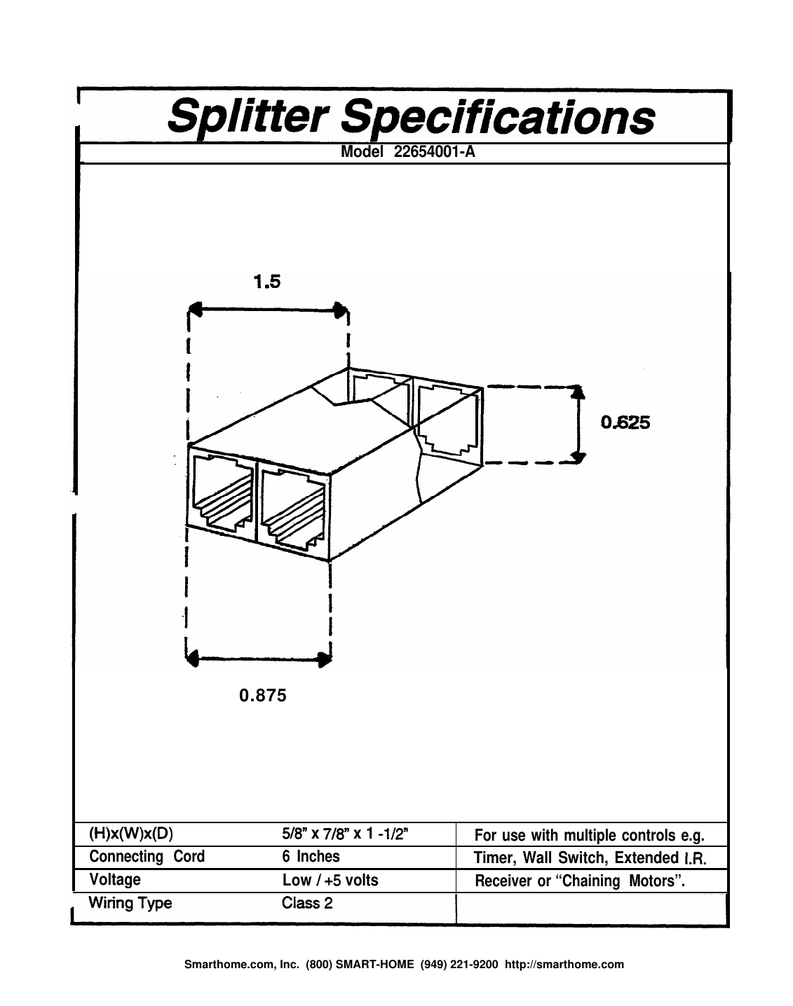 Splitter accessory dimensions and specifications