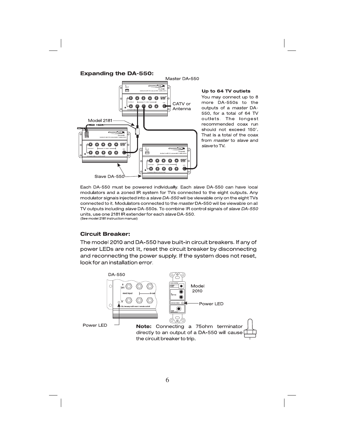 ChannelPlus DA-550 system expansion diagram showing master and slave DA-550 units connected via Model 2181 IR extenders