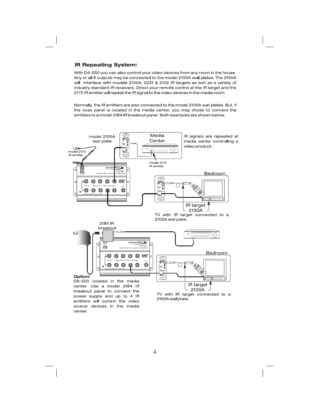 ChannelPlus DA-550 IR repeating system diagram showing media center and bedroom wall plate configurations