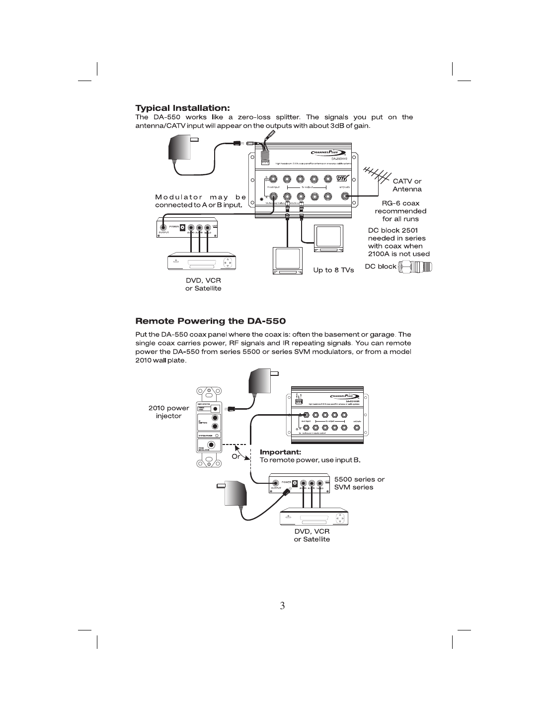 ChannelPlus DA-550 typical installation diagram showing power supply, antenna/CATV input, modulator connections, and remote powering options
