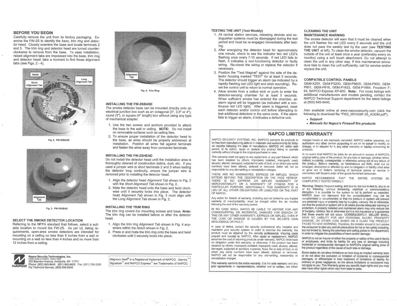 NAPCO FireWolf FW-2S installation steps, weekly testing procedure, and compatible control panel list