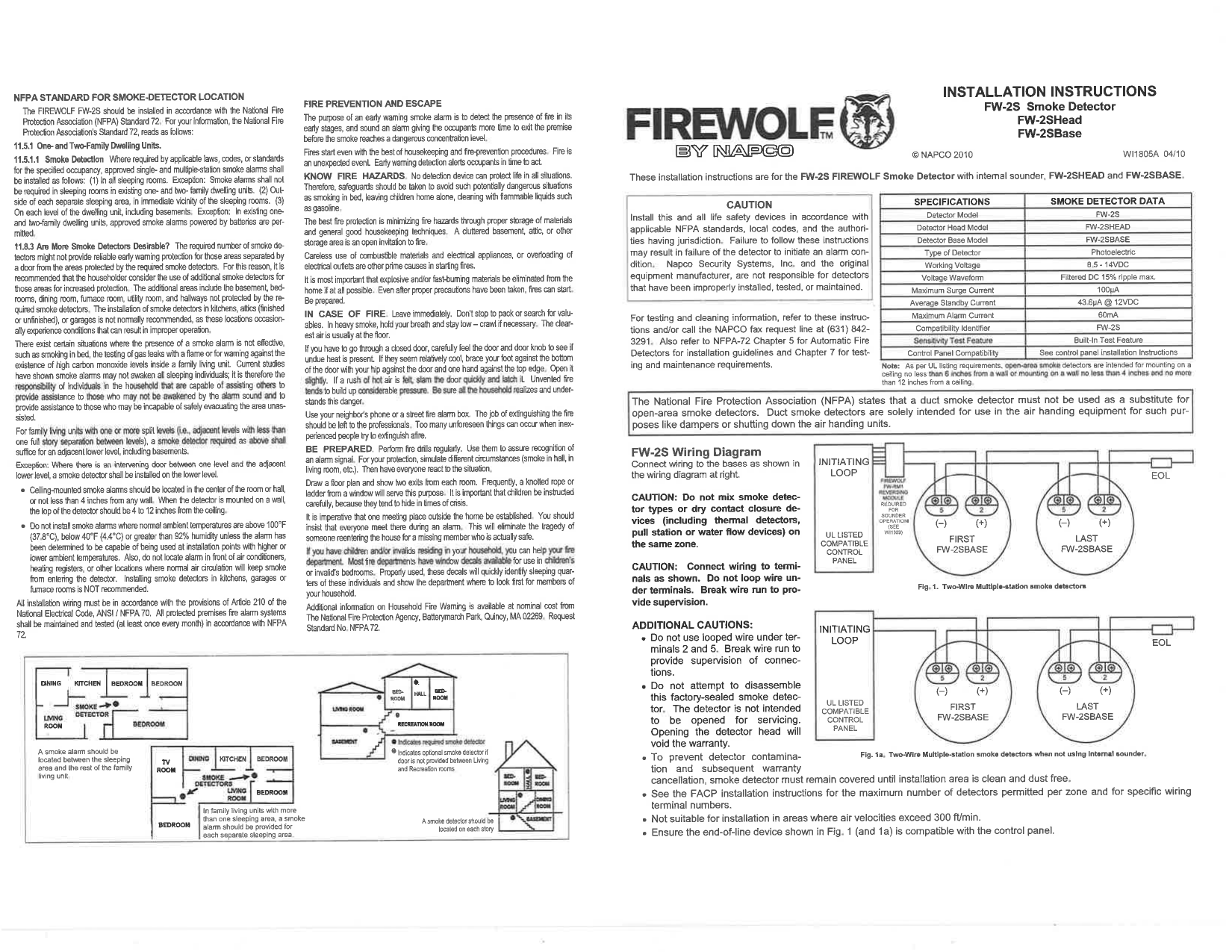 NAPCO FireWolf FW-2S wiring diagram, specifications table, and NFPA 72 smoke detector placement guidance