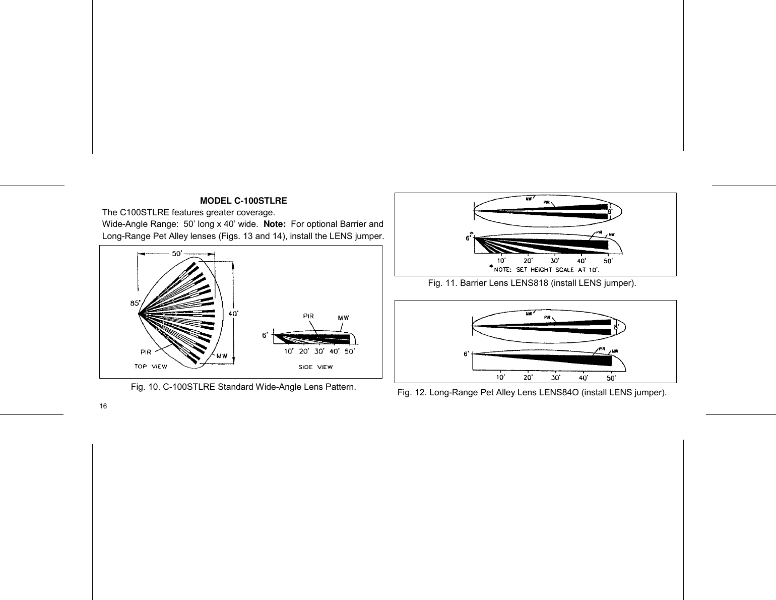 NAPCO C-100STLRE detection zone diagrams — standard wide-angle lens, barrier lens, and long-range pet alley lens coverage patterns