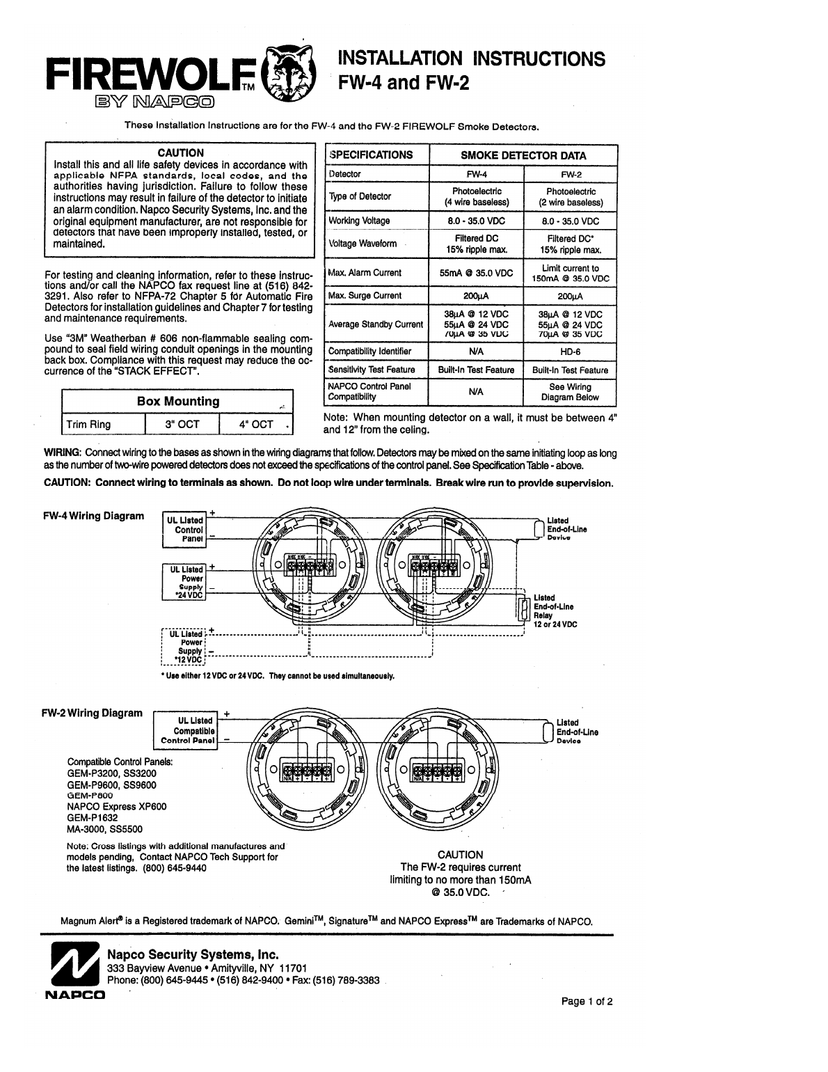 FireWolf FW-4 and FW-2 specifications table and wiring diagrams showing series connection to a UL Listed control panel