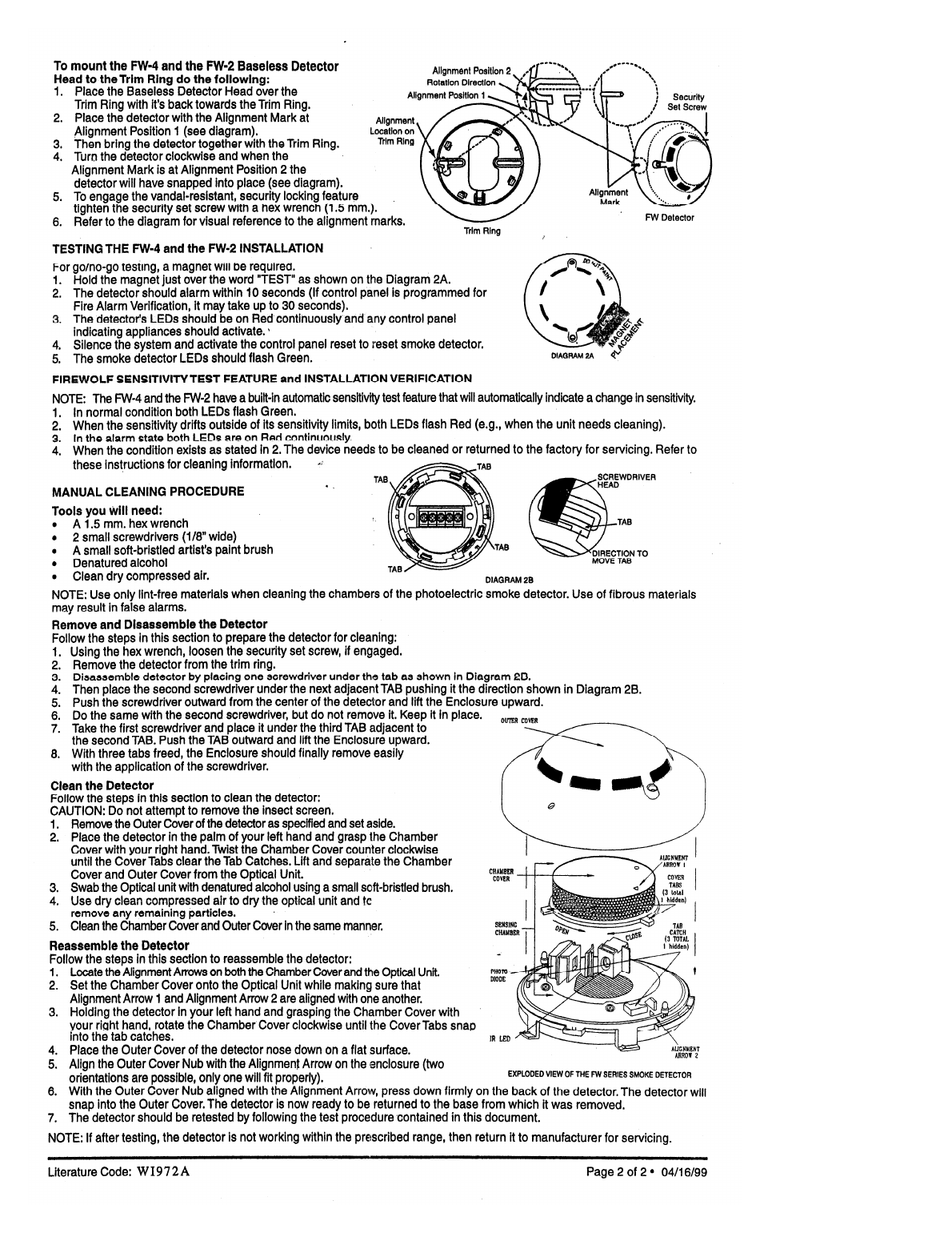 FireWolf detector mounting diagram, magnet test placement, cover removal technique, and exploded parts view