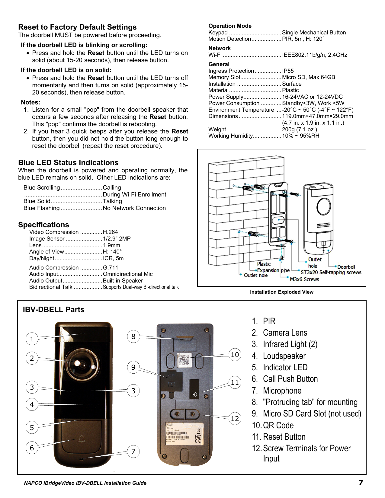 NAPCO IBV-DBELL parts diagram, LED status table, specifications, and installation exploded mounting view