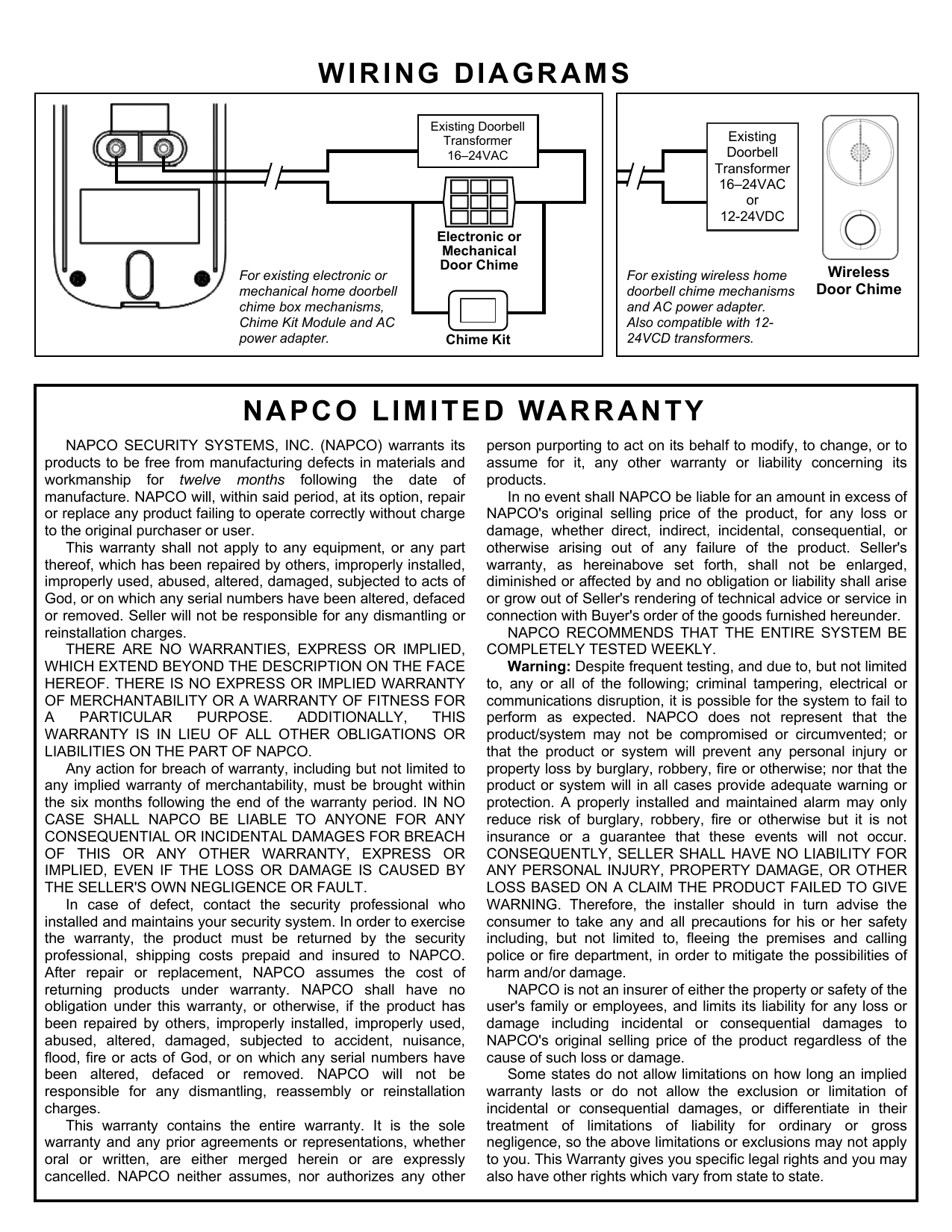NAPCO IBV-DBELL wiring diagrams for electronic/mechanical chime and wireless chime configurations