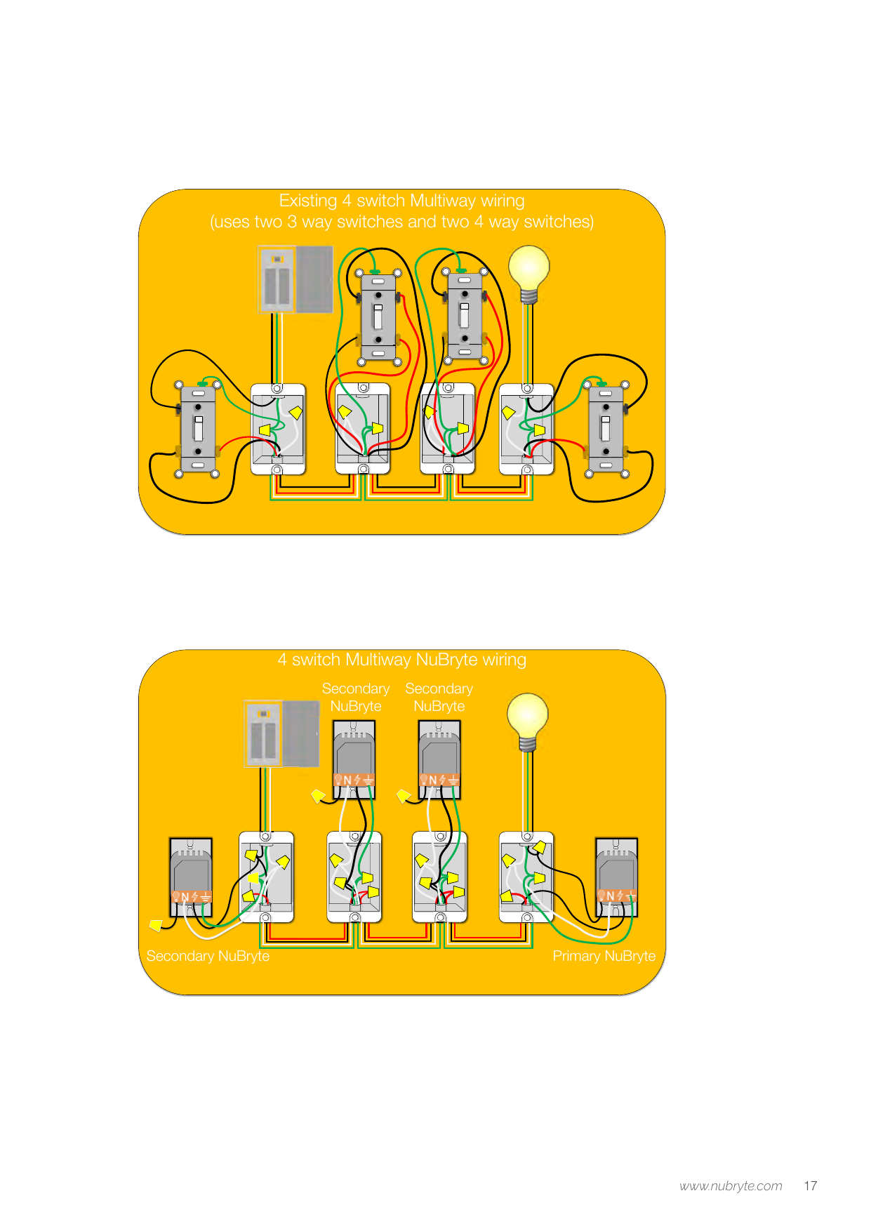 NuBryte 4-switch multiway wiring diagram using two 3-way and two 4-way switches, converted to one Primary and three Secondary NuBryte switches