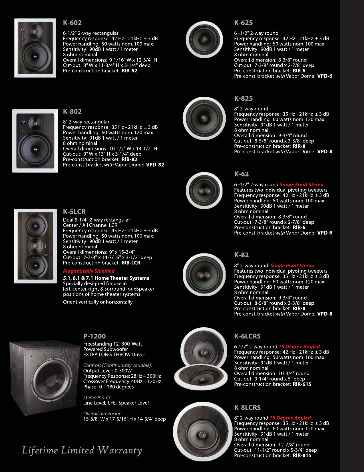 Preference by OEM Systems full product line specification sheet listing models K-602, K-802, K-5LCR, K-625, K-825, K-62, K-82, K-6LCRS, K-8LCRS, and P-1200 with dimensions and specs