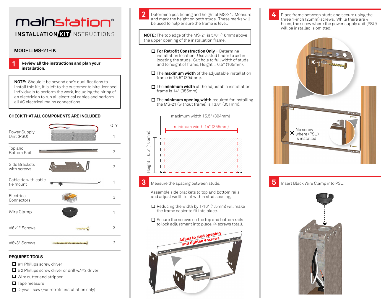 MS-21-IK parts list and frame dimension diagram
