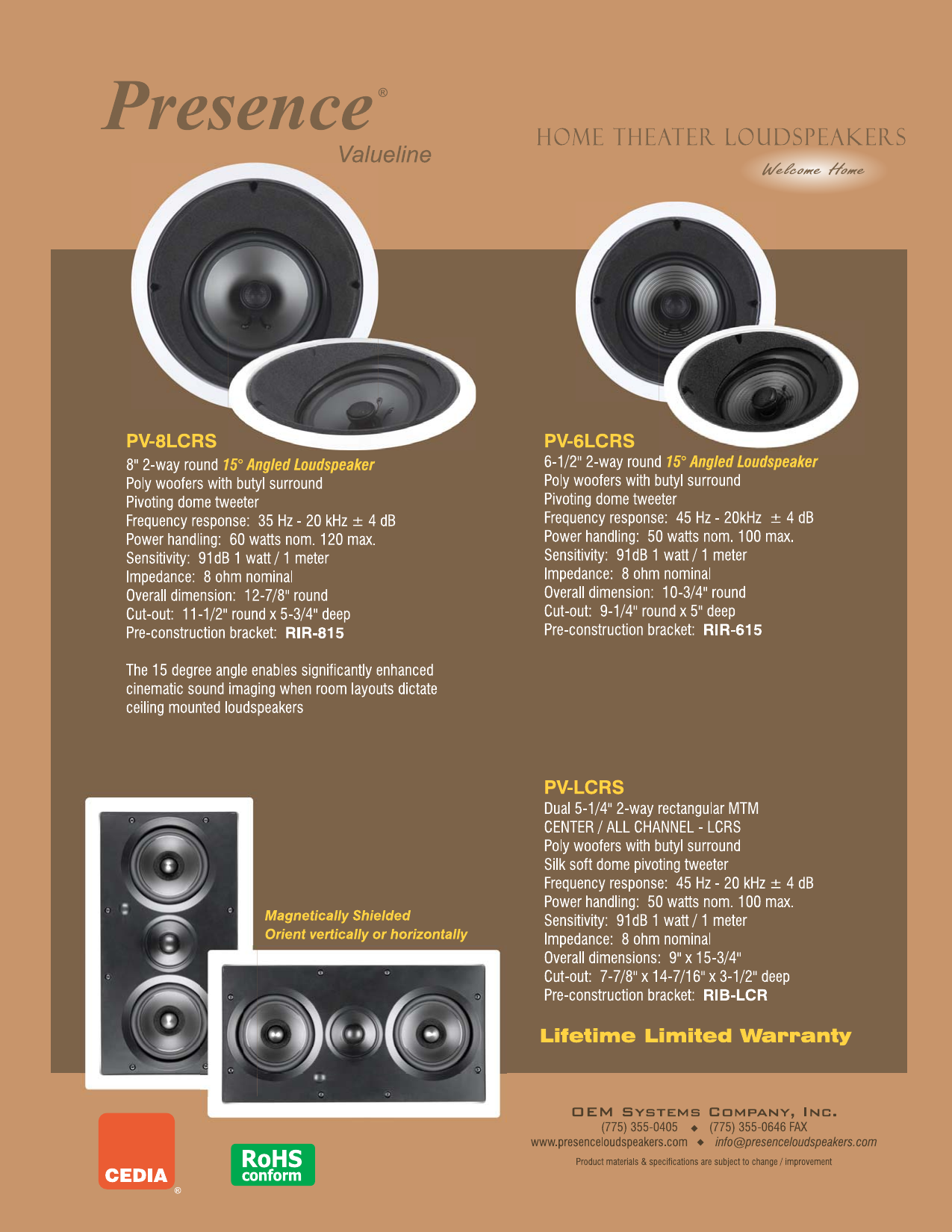 Presence Valueline home theater loudspeaker brochure showing PV-8LCRS, PV-6LCRS, and PV-LCRS models with specifications