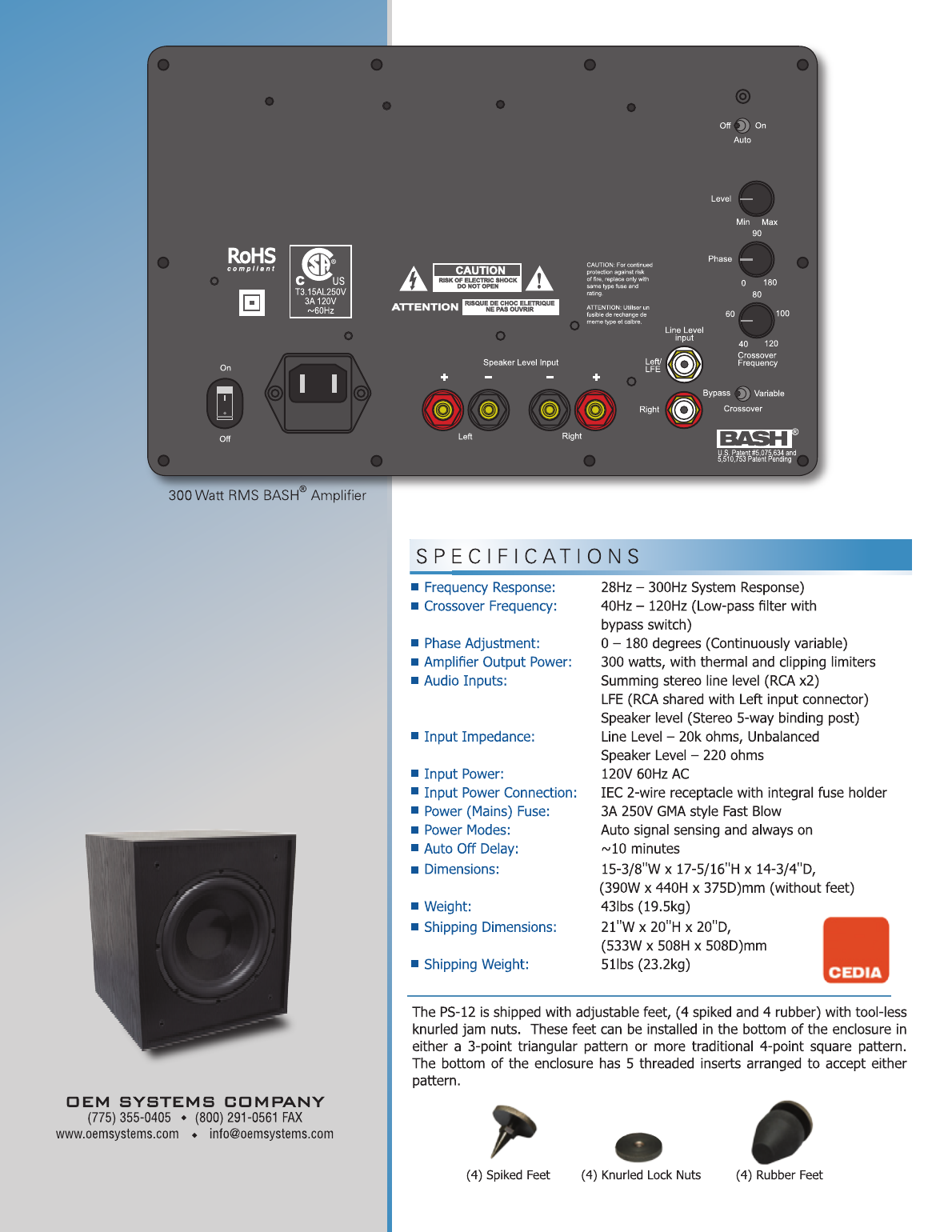PS-12 rear amplifier panel controls and specification diagrams
