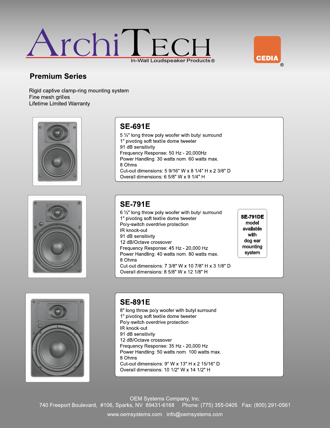 ArchiTech in-wall speaker spec sheet — SE-691E, SE-791E, SE-891E