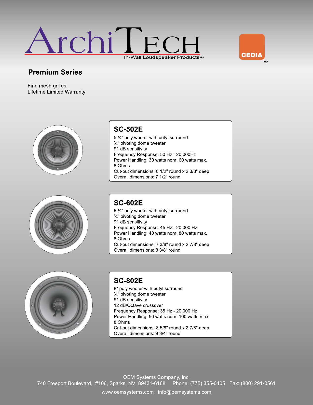 ArchiTech in-ceiling speaker spec sheet — SC-502E, SC-602E, SC-802E