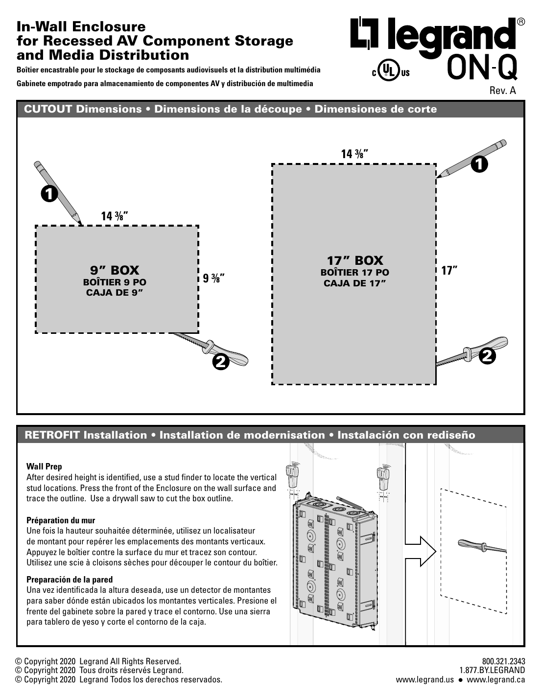 On-Q/Legrand In-Wall Enclosure cutout dimensions and retrofit installation diagram